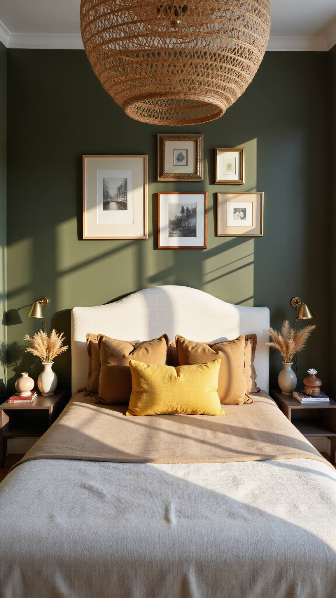 Compact city bedroom with dark olive accent wall, curved cream bouclé headboard, rattan pendant light, earth-toned bedding with mustard accents, and artisanal decor.