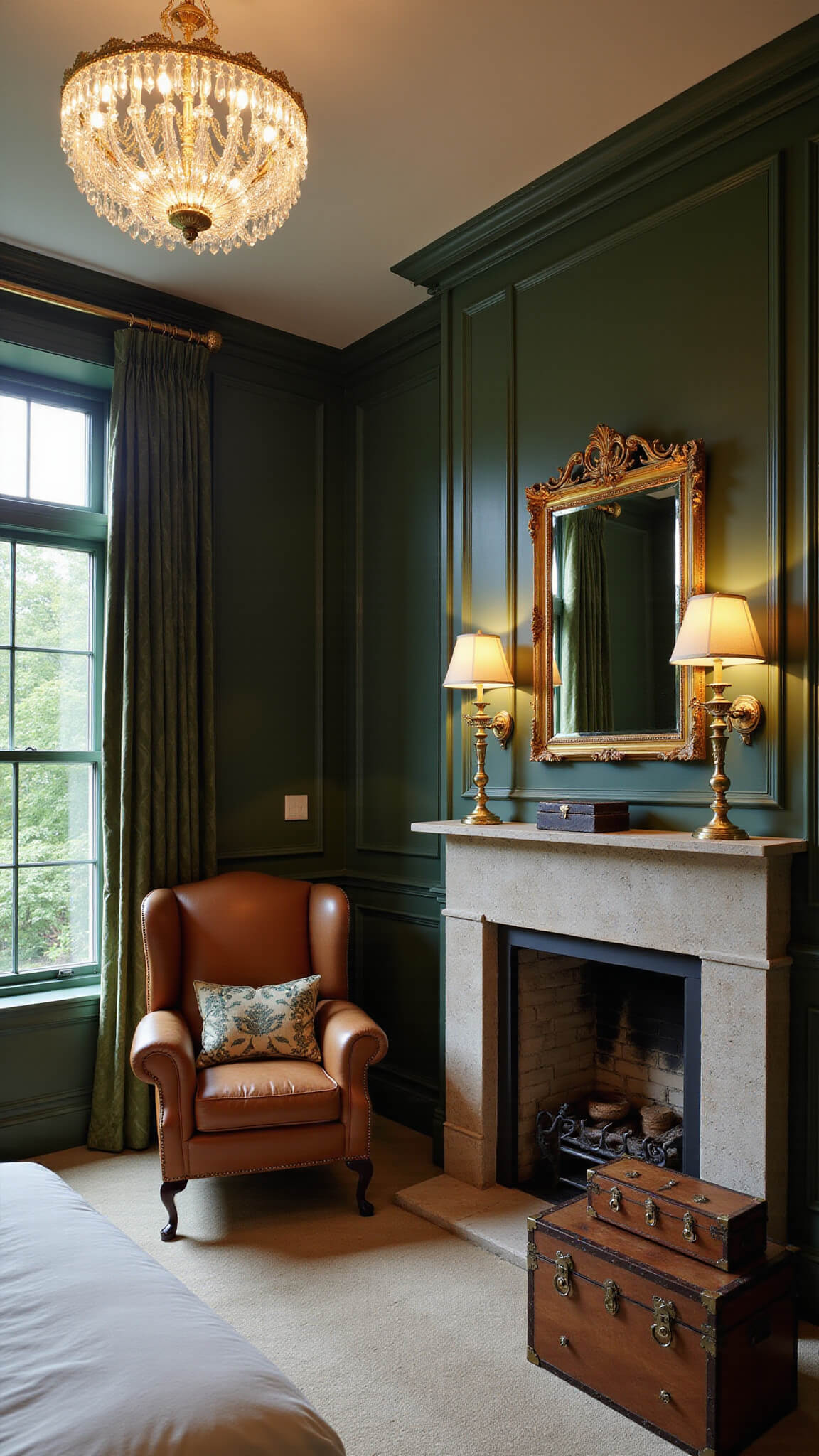 Elegant corner bedroom with dark green paneled walls, crystal chandelier, and cognac leather wing chair by limestone fireplace; velvet drapes reveal garden view, antique gold mirror reflects warm light, vintage trunks as nightstand, and silk geometric carpet underfoot.