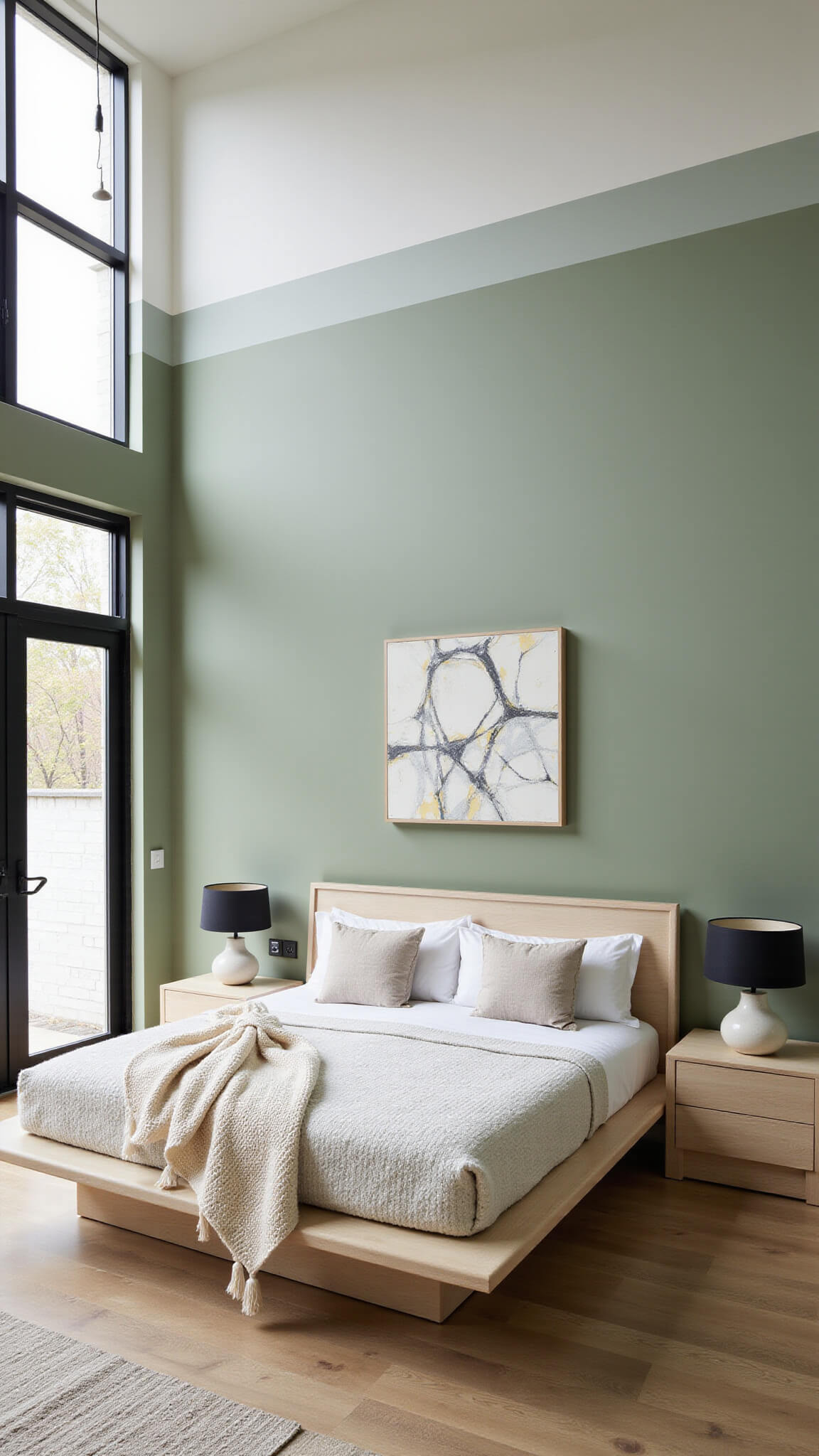 Modern primary bedroom with sage green color-blocked walls, floor-to-ceiling black-framed windows, bleached oak platform bed, minimalist black pendant lights, abstract green art, and cream chunky knit throw.