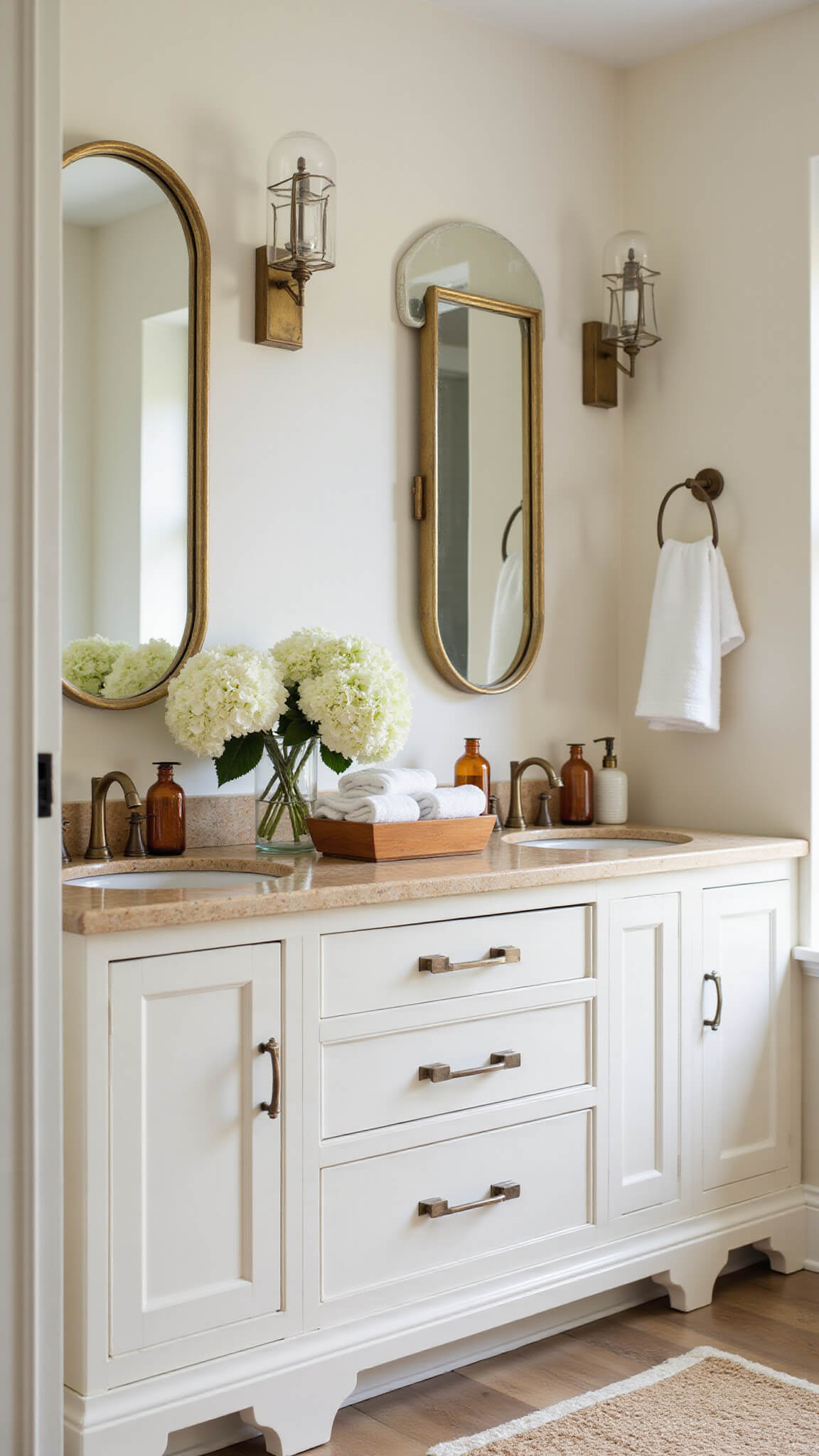 Close-up of luxury transitional bathroom vanity with creamy white double sink, Calacatta gold marble countertop, brass oval mirror, geometric sconces, white hydrangeas, amber glass accents, and white towels in soft afternoon light.