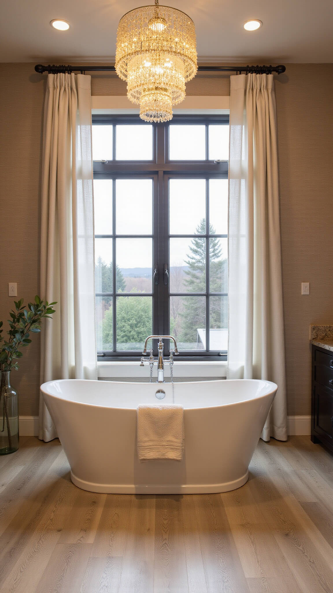 Transitional bathroom at dusk with freestanding soaking tub beneath large window, warm greige wallpaper, white oak flooring, and ambient chandelier lighting.