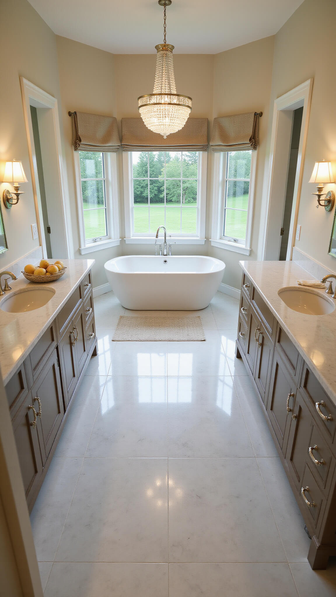 Overhead view of symmetrical master bathroom with dual taupe vanities, central freestanding tub, marble flooring, and crystal lighting fixtures.
