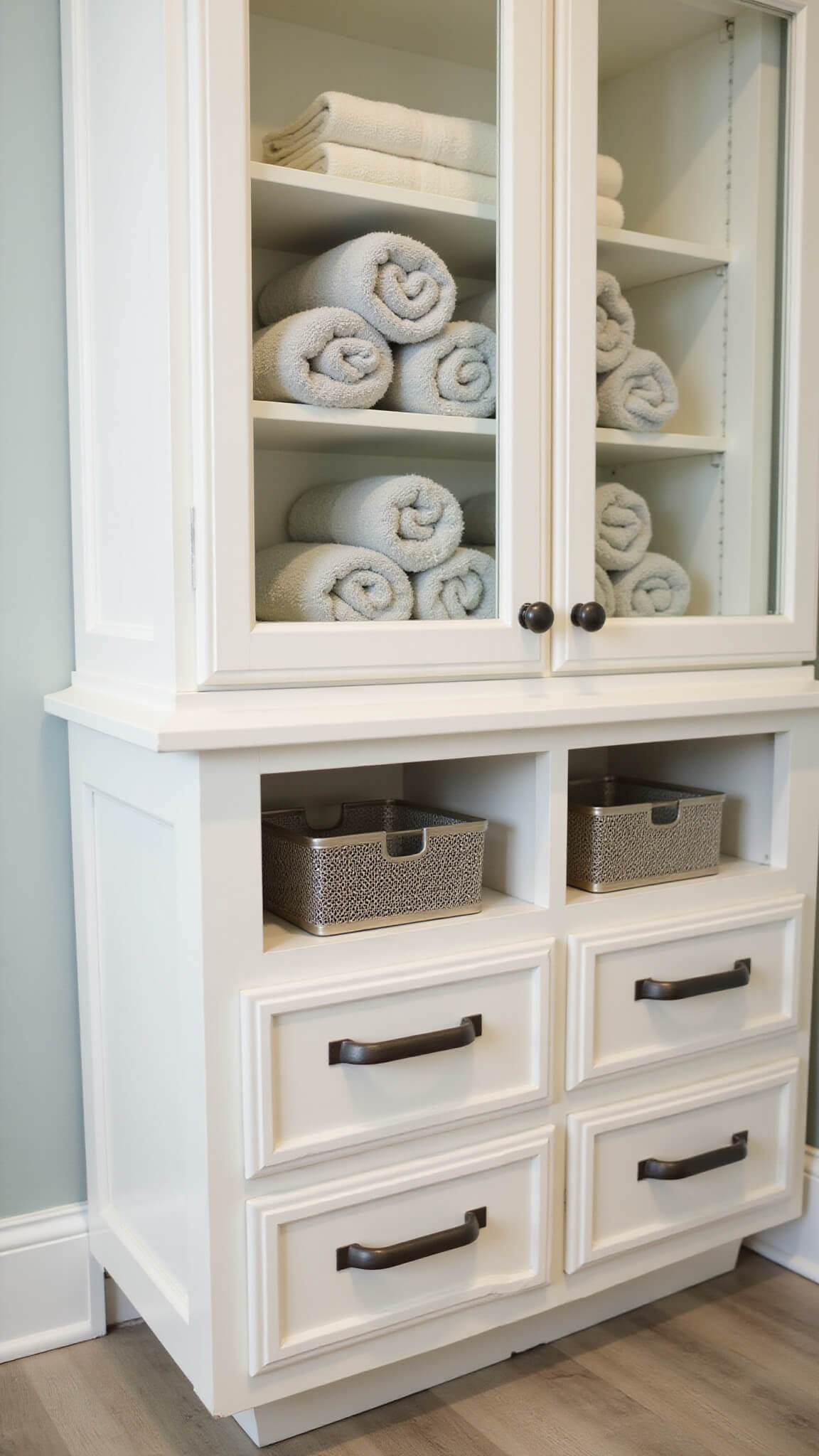 Close-up of built-in warm white bathroom linen cabinet with glass doors, rolled gray and cream towels, mesh basket drawers, and brushed nickel hardware.