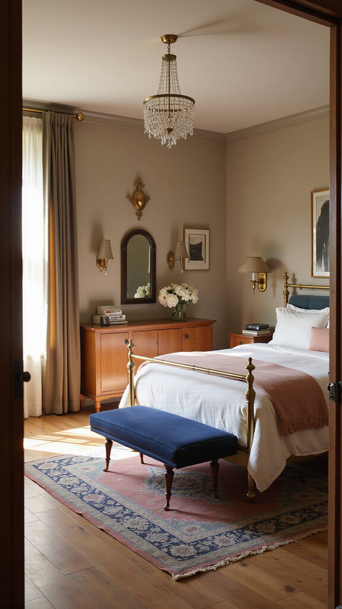 Sunlit bedroom with brass bed, vintage rug, and crystal chandelier, featuring floor-to-ceiling windows and warm greige walls adorned with mirrors and photography.