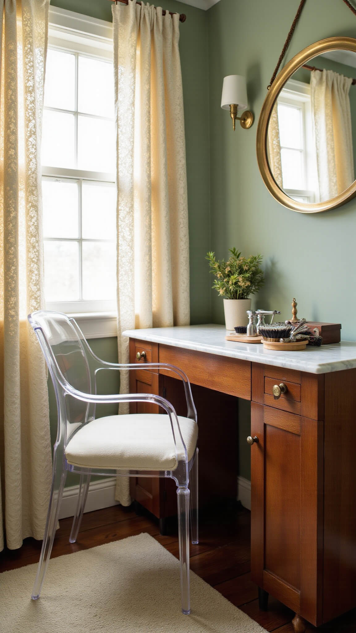 Low-angle shot of art deco mahogany vanity with lucite chair, antique brushes on marble top, brass-framed mirror, and soft morning light through lace curtains.