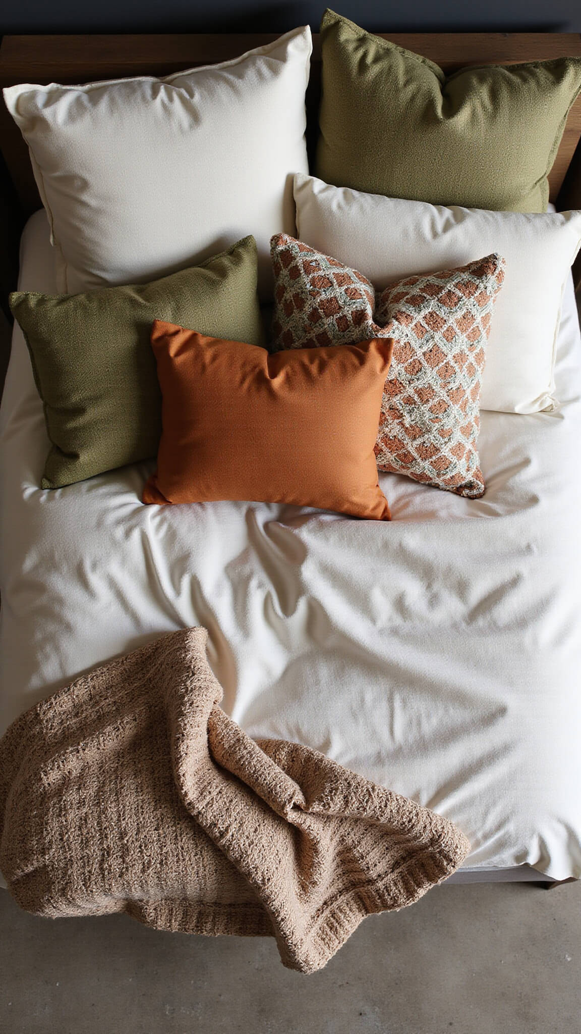 Bird’s eye view of a layered bed with oatmeal Belgian linen duvet, vintage quilt, rust and olive geometric pillows, and antique crocheted throw on a modern platform bed, highlighting contrasting textures in soft natural light.