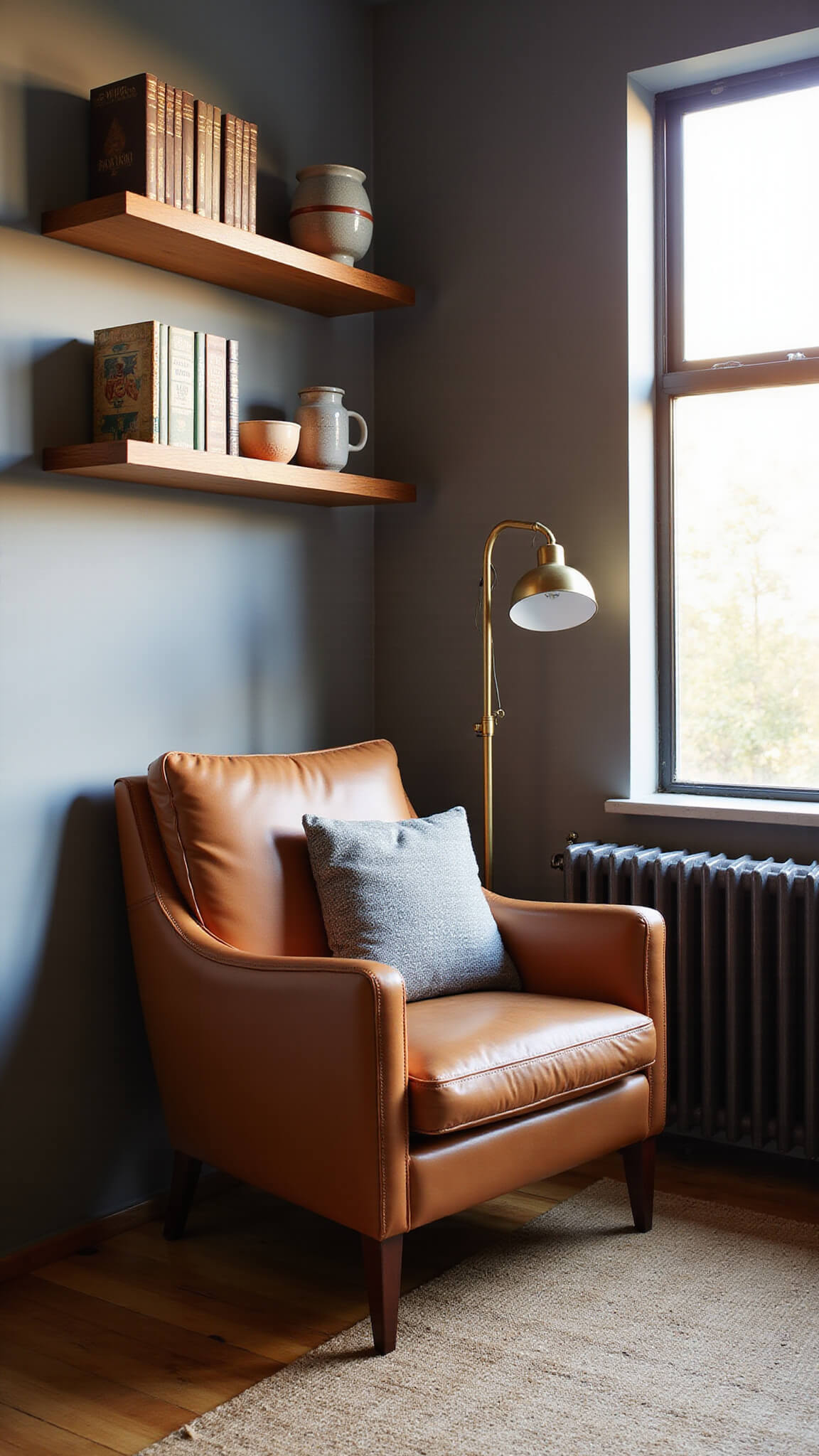 Modern-vintage reading nook with cognac leather armchair, brass floor lamp, floating shelves of books and ceramics, jute rug on hardwood floor, and sunset light through industrial window.