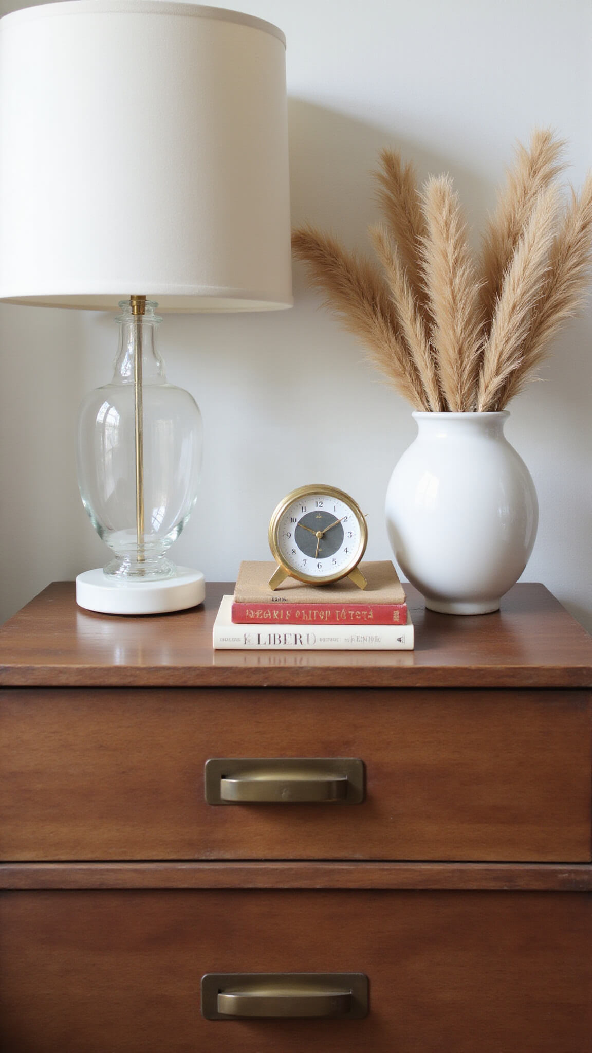 Close-up of styled mid-century walnut nightstand with glass lamp, brass clock, antique books, and ceramic vase with pampas grass in soft morning light.