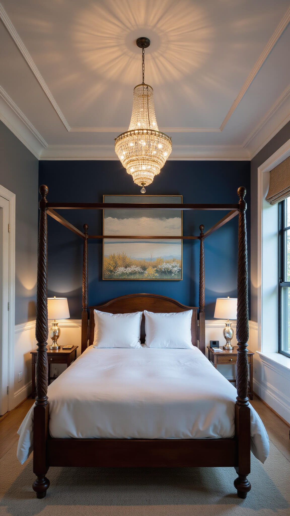 Wide-angle shot of stylish bedroom at twilight featuring ornate ceiling with crown molding, modern track lighting, and vintage crystal chandelier above a contemporary four-poster bed; navy accent wall with wainscoting and abstract art adds contrast.