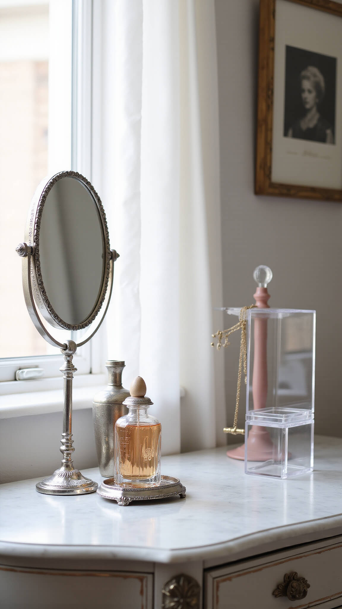 Vintage and modern dressing table accessories with silver perfume bottles, lucite organizers, and art deco mirror on marble-topped Victorian table in soft afternoon light.