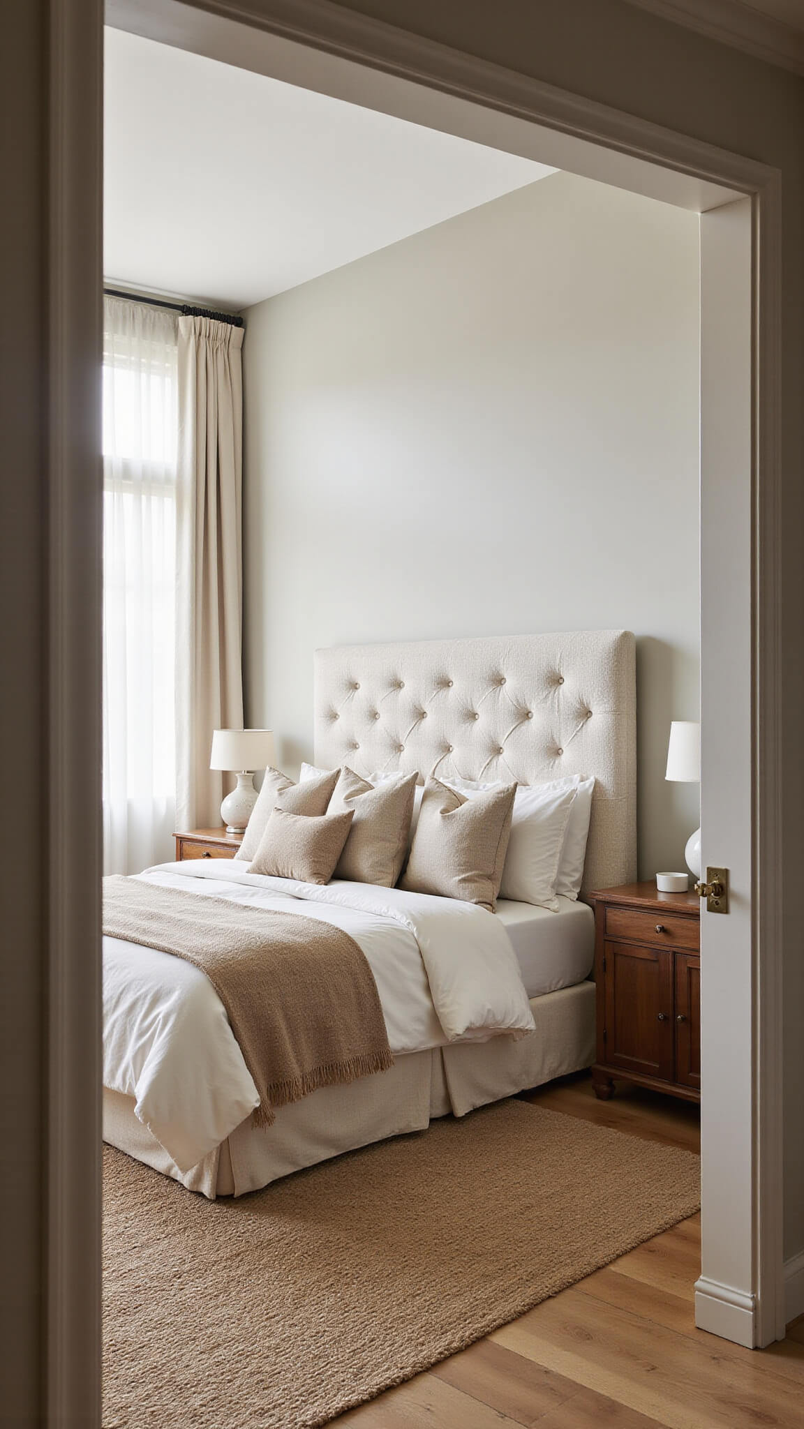Spacious greige bedroom with king bed, bouclé headboard, layered neutral bedding, jute rug, oak nightstands, and soft morning light through sheer curtains.