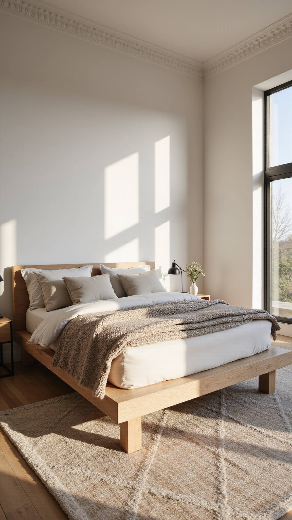Modern Scandinavian bedroom with high ceilings, pale bone white walls, and a bleached oak platform bed with oatmeal linens and knit throws; geometric cream and taupe rug, black metal accents, and warm golden hour side lighting emphasizing texture and symmetry.