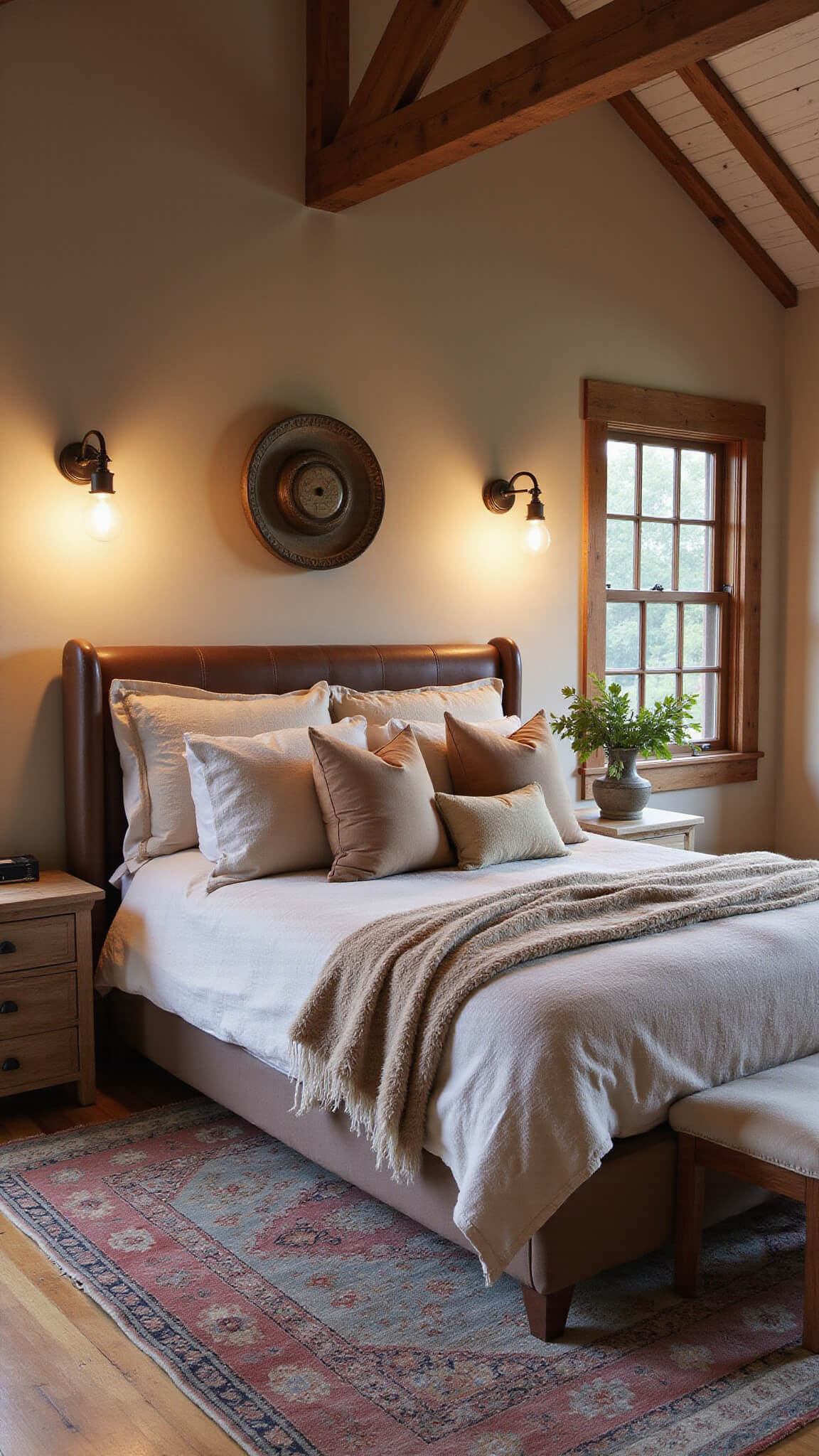 Rustic-luxe 12x14ft bedroom at dusk with vaulted ceiling, exposed wooden beams, California king bed, vintage kilim rug, and warm Edison lighting.