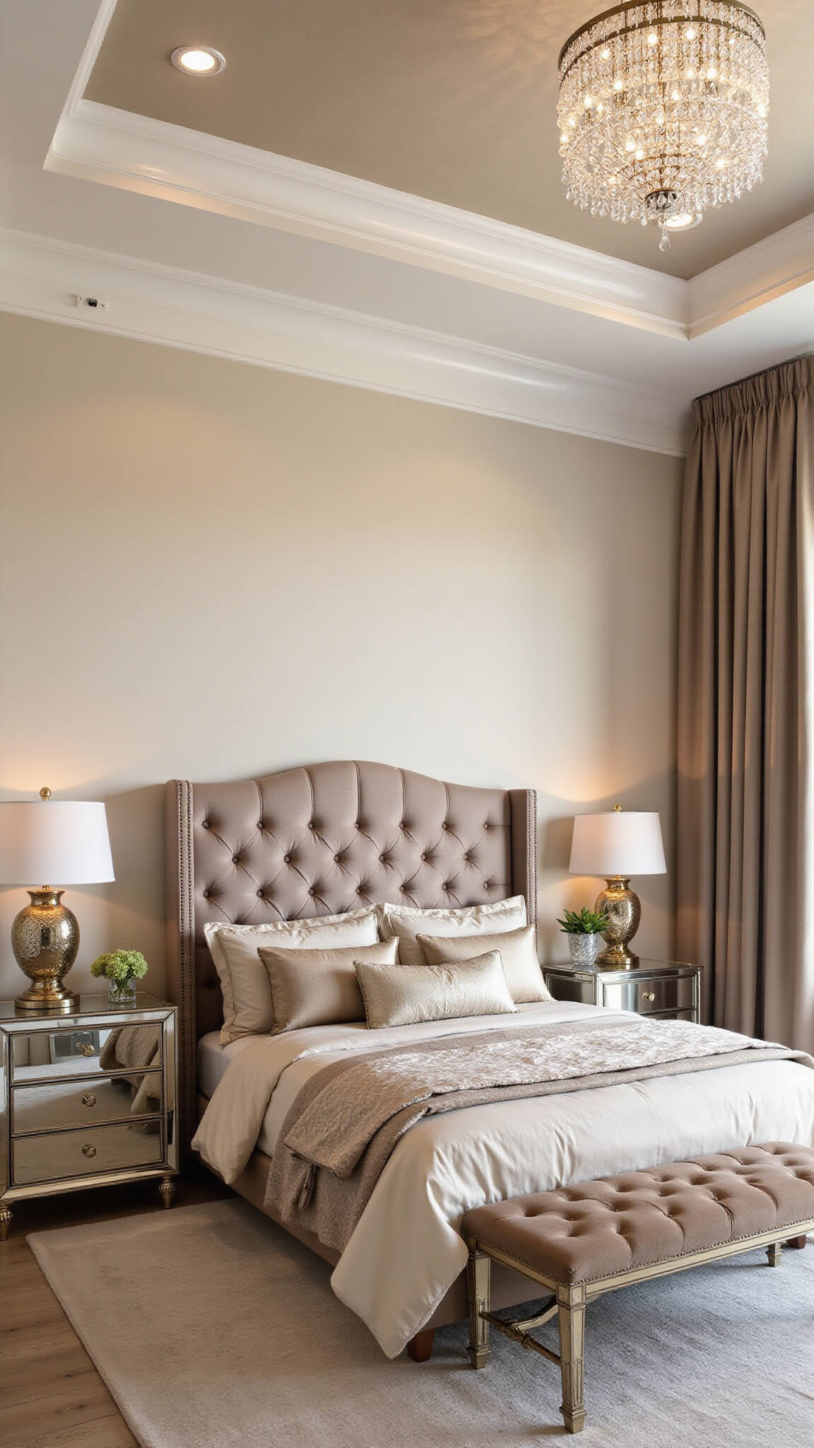 Contemporary glam primary bedroom with tufted greige velvet king bed, champagne silk plaster walls, crystal chandelier on tray ceiling, mirrored nightstands, and brass accents, captured from low angle with dramatic evening lighting.