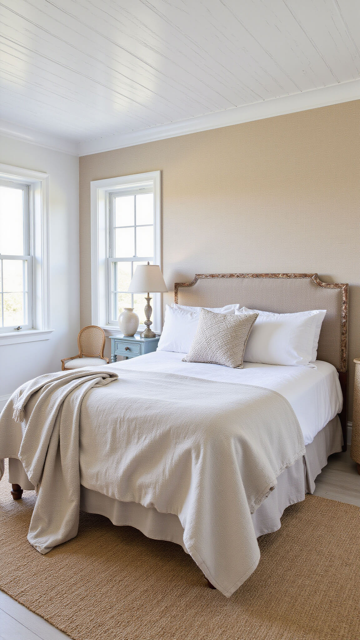 Coastal-style 13x15ft bedroom with sandy beige walls, linen bedding, seagrass rug, rattan accents, and morning natural light streaming through windows.