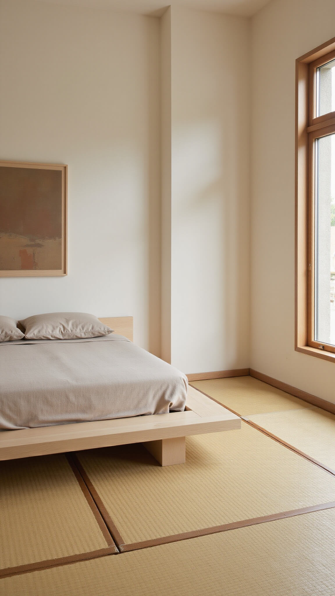 Minimalist Japanese 12x12ft bedroom with warm ivory plaster walls, pale ash wood platform bed in beige cotton, tatami mat flooring, and diffused noon light through paper screens.