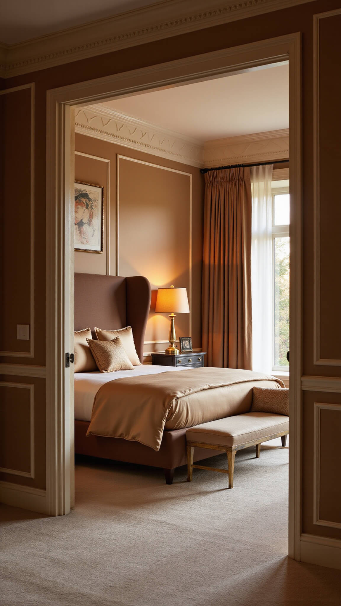 Art Deco style bedroom with camel walls, curved velvet headboard, silk bedding, brass and marble accents, and warm sunset lighting.