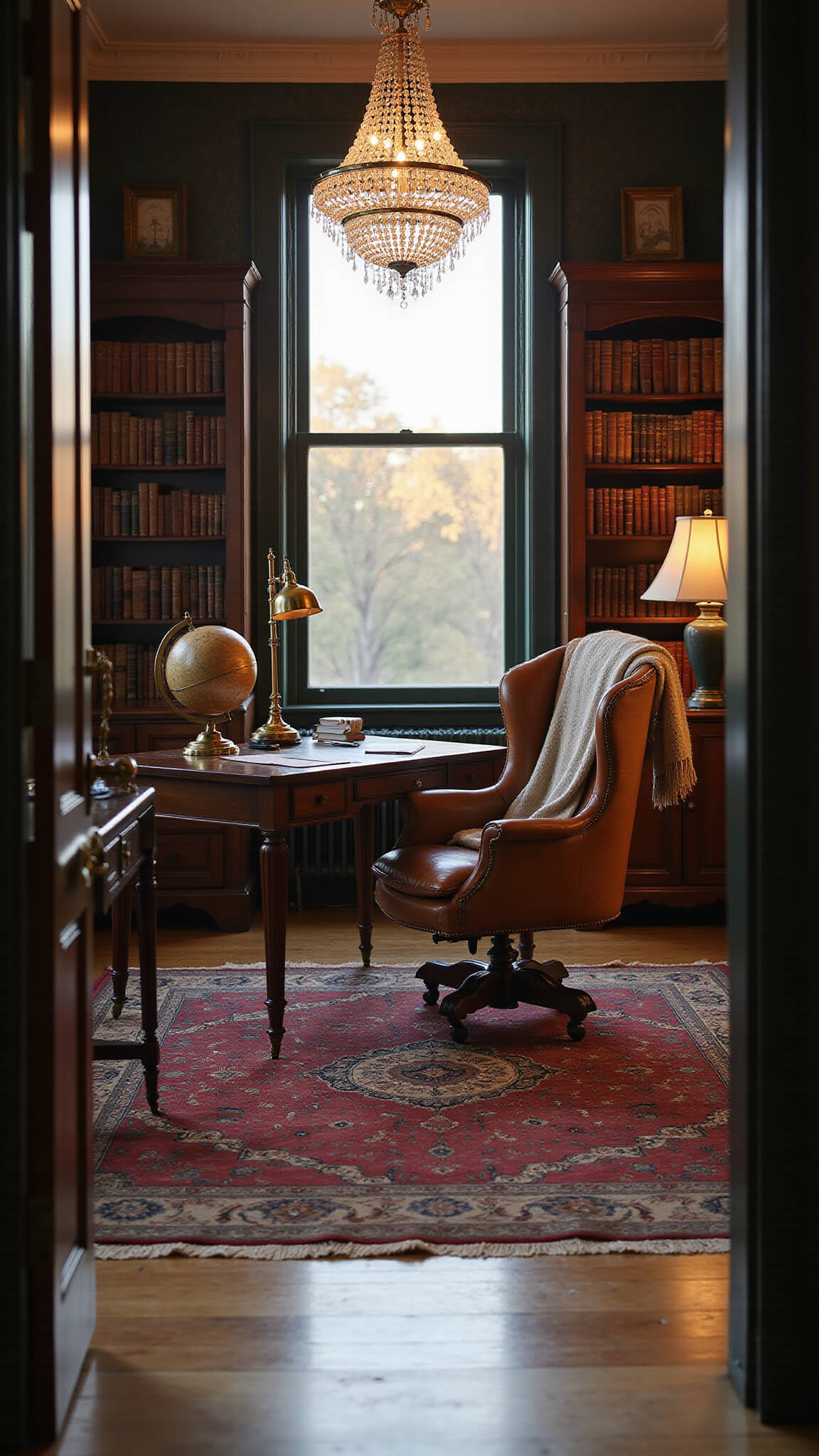 A warm, golden-lit study with a large mahogany desk, leather armchair, antique globe, and floor-to-ceiling bookshelves under a crystal chandelier.