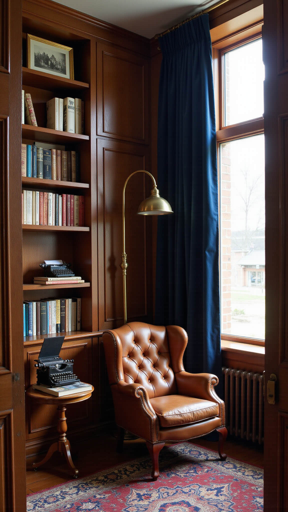 Cozy corner reading nook with cognac leather wingback chair between oak bookshelves, morning light filtering through navy velvet curtains, brass floor lamp overhead, layered Oriental rugs, and antique accents including typewriter and sepia photos.