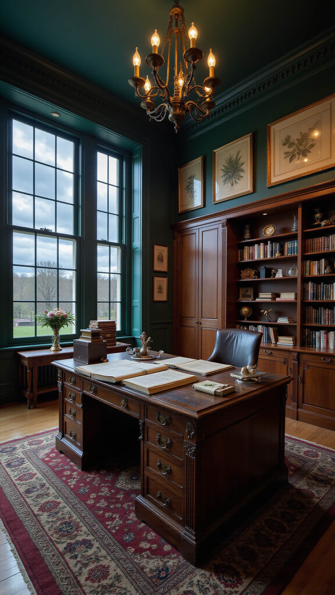 Low-angle view of a grand professor's office at dusk, featuring a large cluttered partner's desk, stormy reflections in lead-paned windows, forest green walls, botanical prints, antique chandelier, and built-in cabinets of curiosities.
