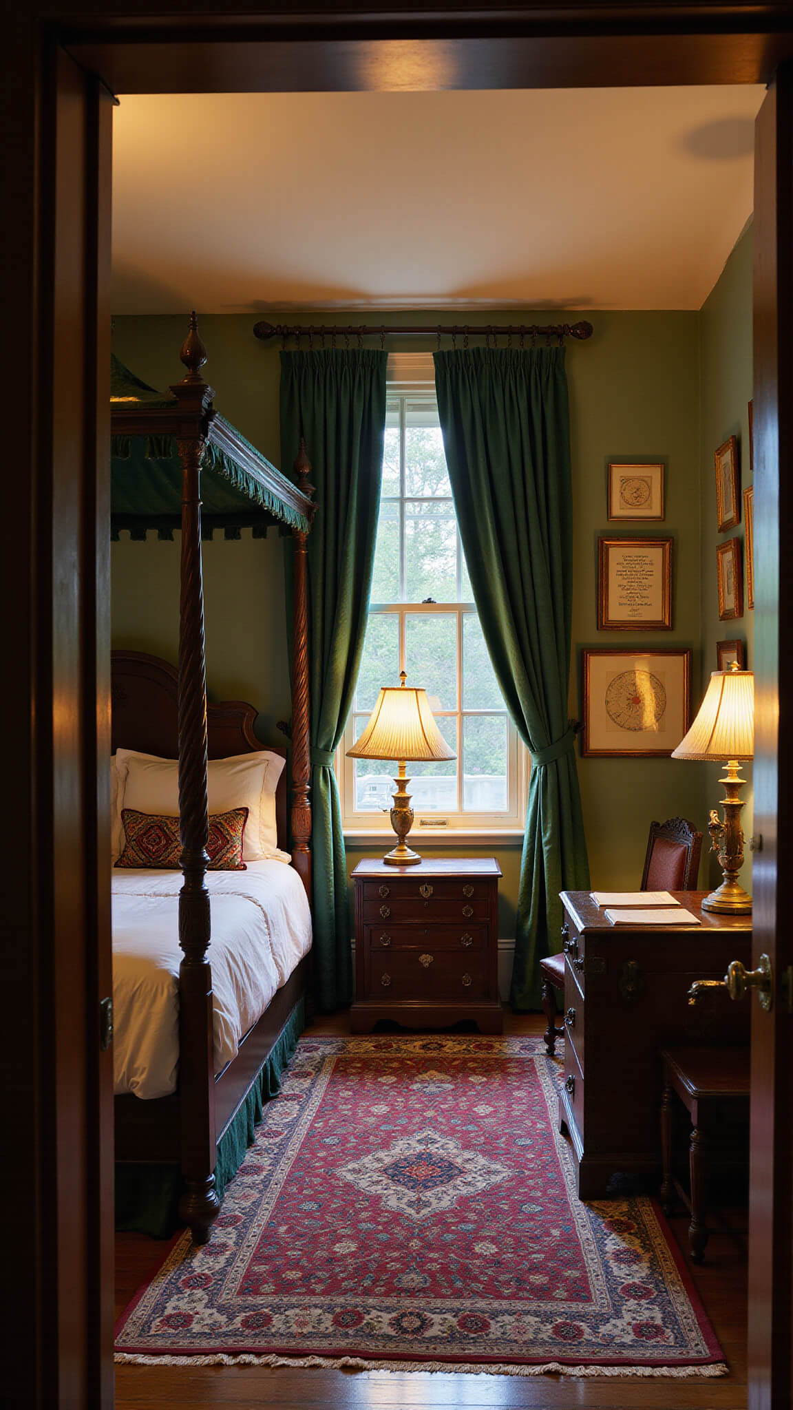 Twilight view of a scholar's bedroom with a four-poster bed, green velvet curtains, antique desk under a window lit by an oil lamp, and vintage decor creating warm, mysterious shadows.