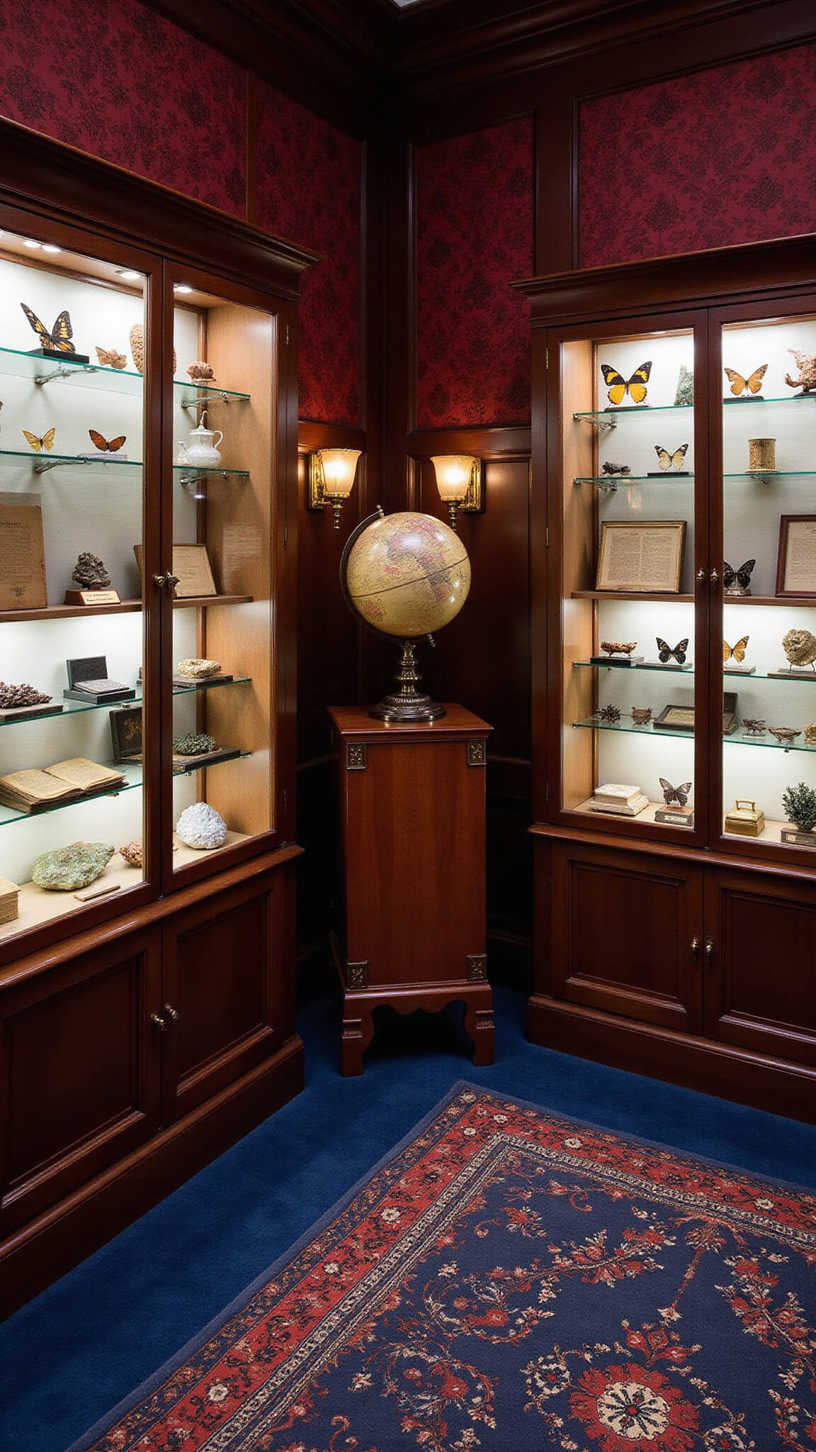 Corner view of private 12x14ft collection room with display cases of butterflies, manuscripts, and minerals; antique globe on central pedestal; dark wood paneling, burgundy wallpaper, and oriental rug; dramatic museum-style lighting.