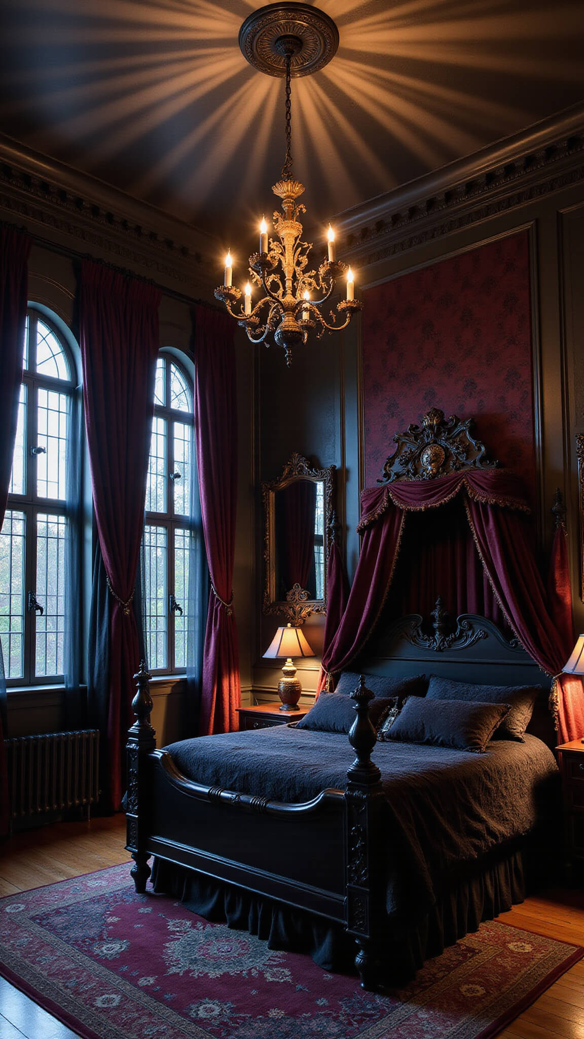 Gothic 15x18ft bedroom at twilight with ebony four-poster bed, burgundy velvet drapes, arched windows, wrought-iron chandelier, dark mahogany wardrobe, and vintage decor in moody lighting.
