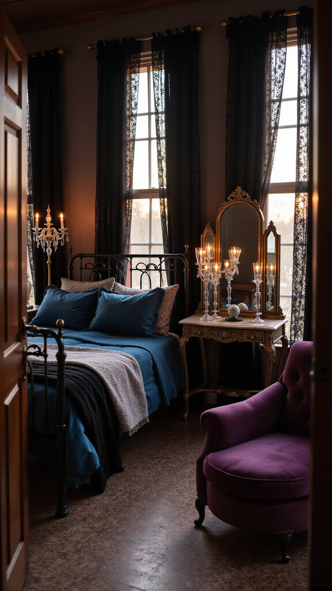 Gothic boudoir with antique black iron bed, rich velvet and silk textures, crystal candelabras, and moody golden-hour lighting.