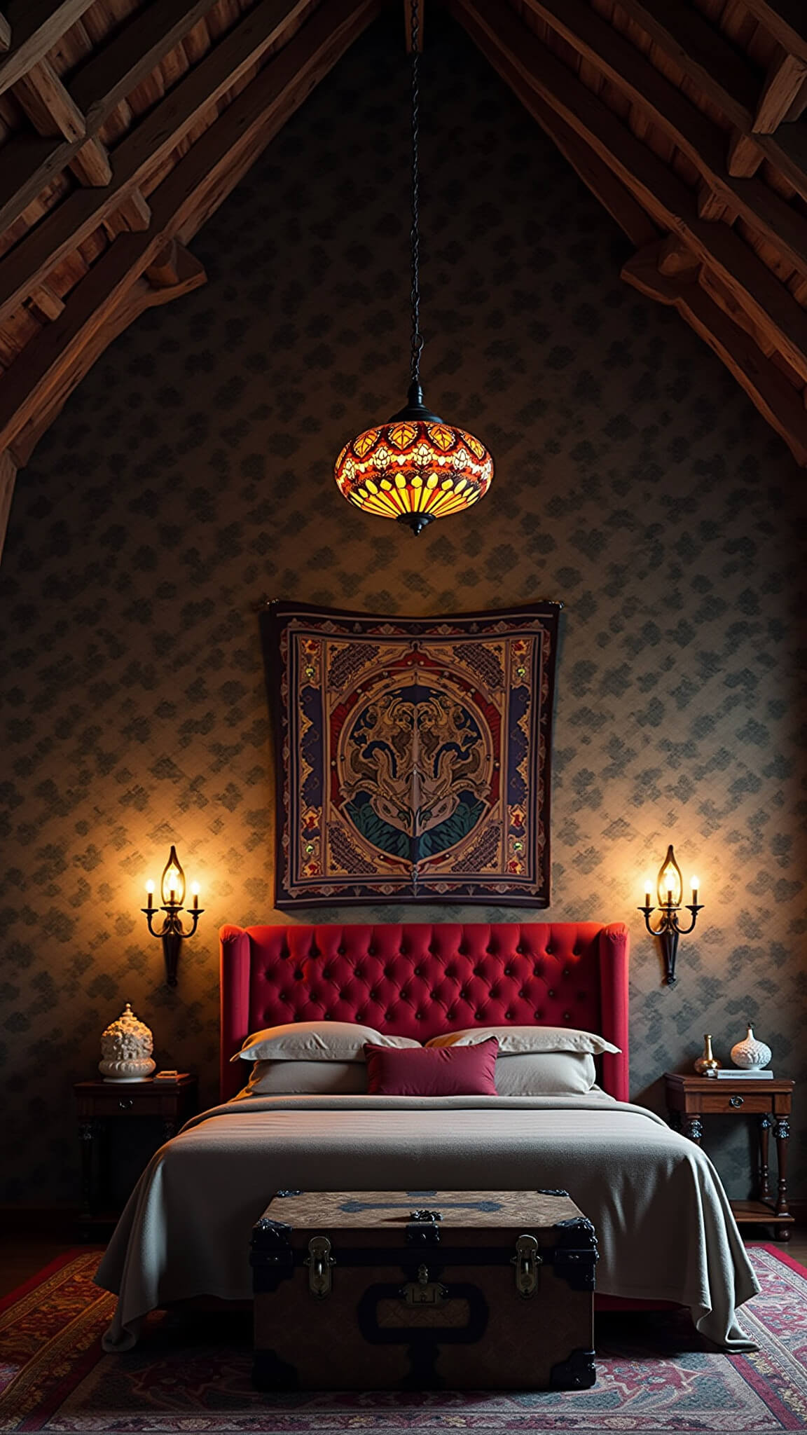 Gothic-style bedroom with vaulted ceiling, crimson tufted headboard, stained glass lamp casting colored shadows, medieval tapestry, and leather trunk.