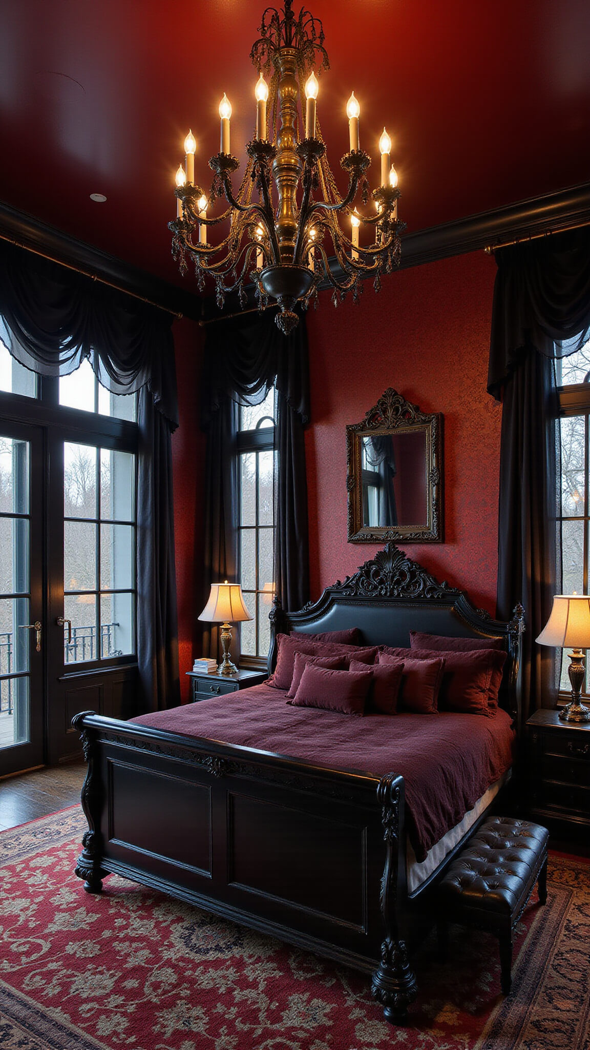 Gothic master suite with ebony bed, black chandelier, burgundy velvet drapes, and antique decor at dusk.