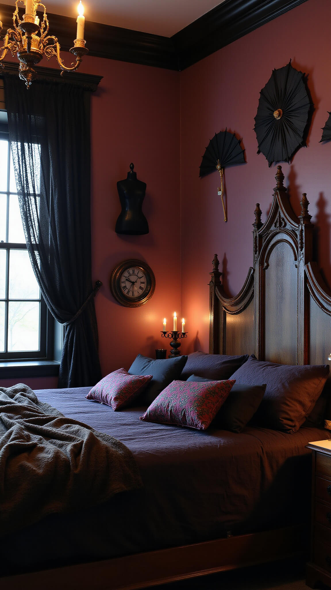 Gothic-style cozy bedroom with cathedral headboard, deep purple walls, black lace parasols on wall, and moody candlelit ambiance.