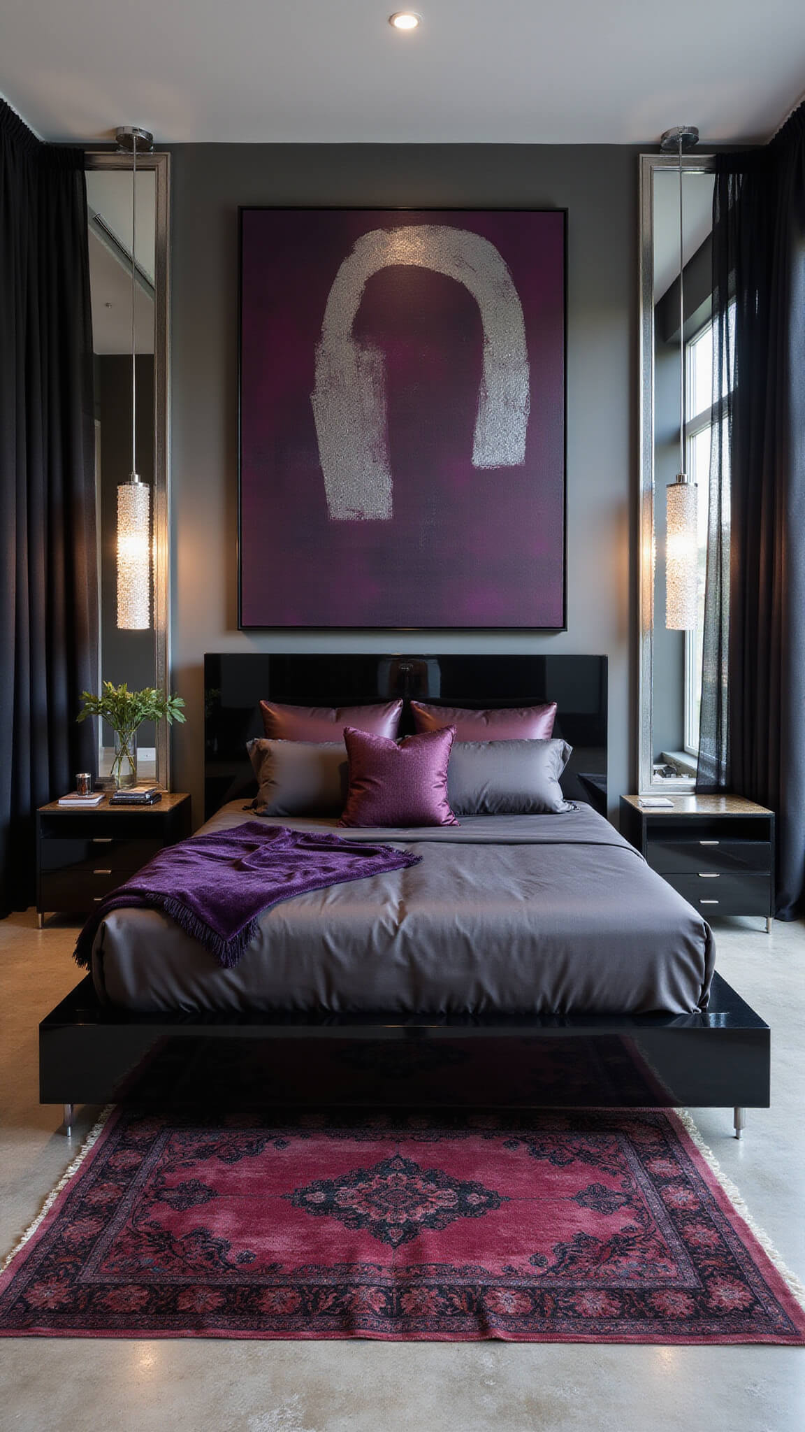 Modern gothic bedroom with black platform bed, violet accents, abstract purple art, chrome lighting, and vintage rug on concrete floor.