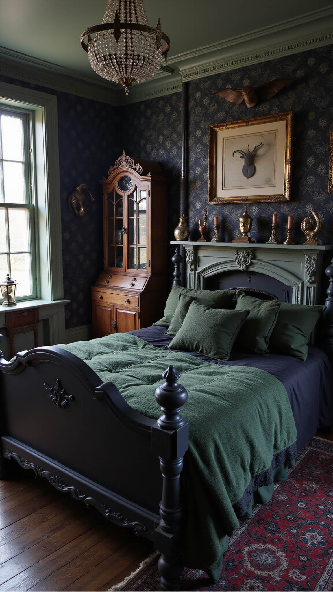 Gothic-style 15x17ft bedroom at witching hour with matte black Victorian bed, metallic graphite fireplace, damask wallpaper, taxidermy, curiosity cabinets, and mercury glass accents in candlelight.