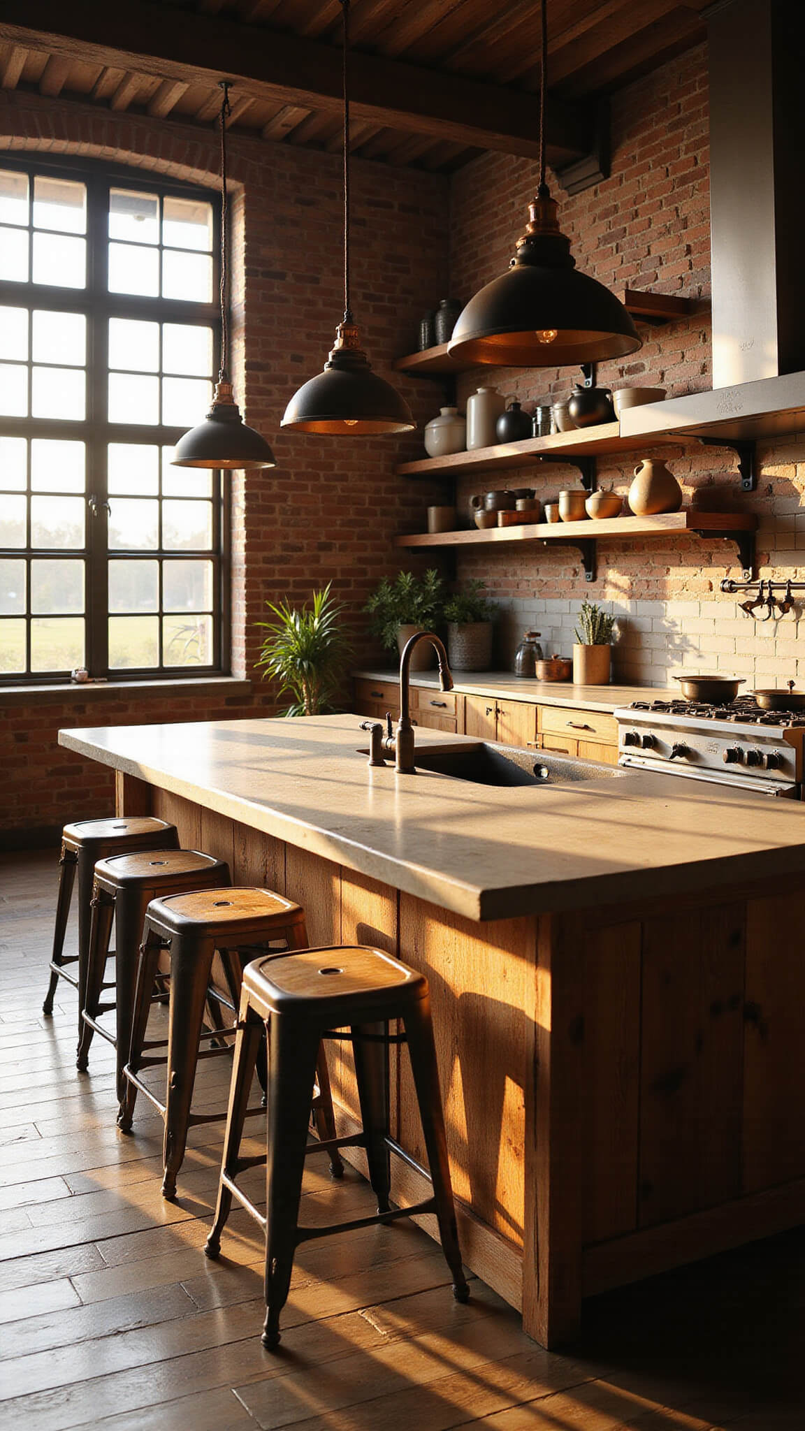 Industrial farmhouse kitchen with reclaimed wood island, exposed brick walls, copper lighting, and vintage decor lit by golden hour sunlight.