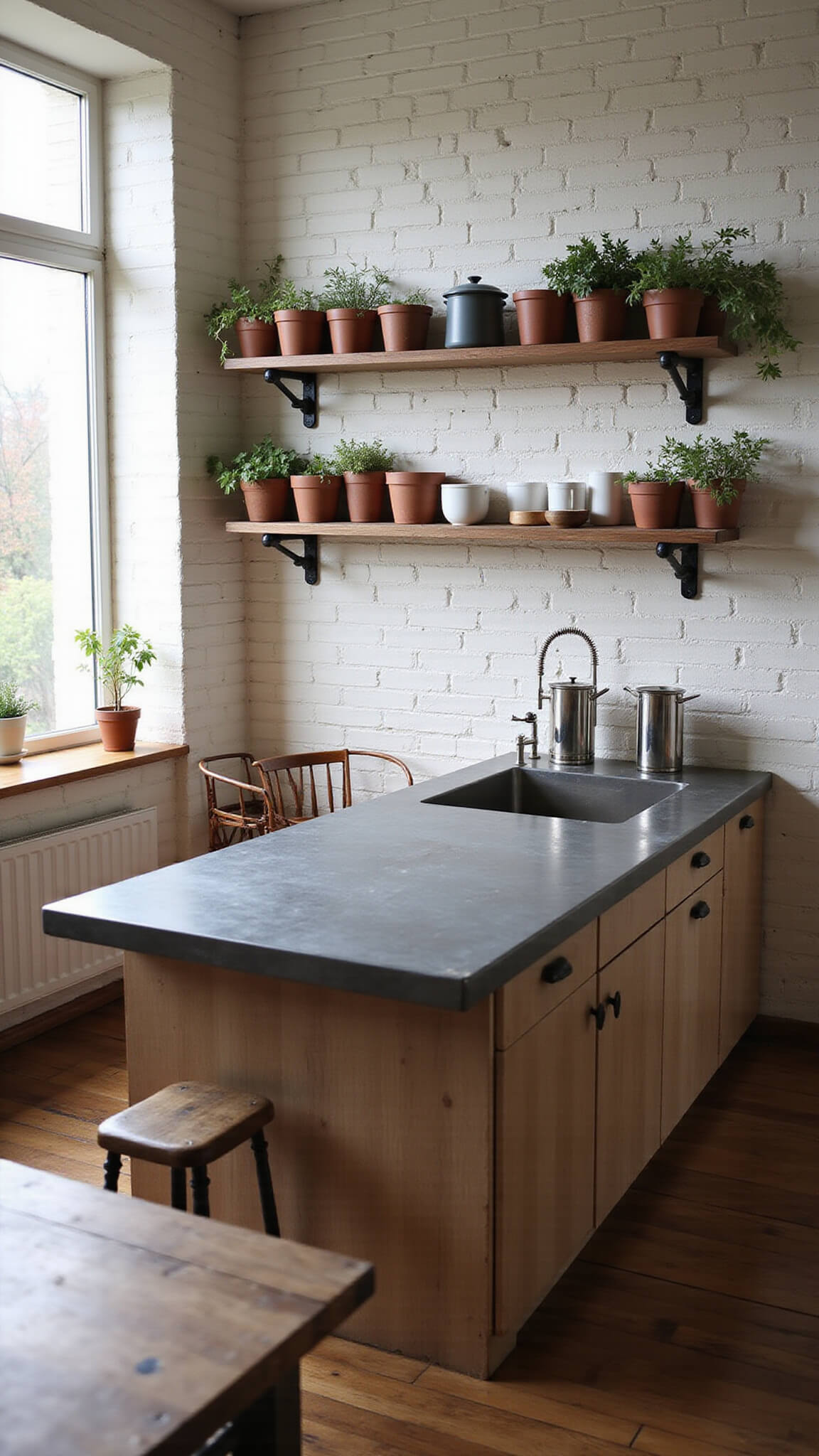 Low-angle view of cozy morning kitchen with zinc-top island, weathered oak cabinets, whitewashed brick wall, vintage enamelware on pipe shelves, and herbs on windowsill in soft natural and warm lighting.