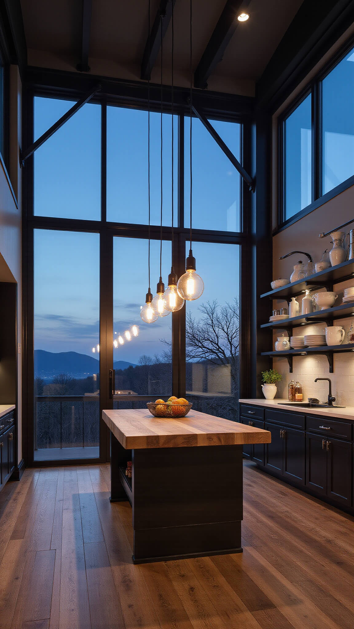 Dramatic dusk kitchen with high ceilings, large black-framed windows, butcher block island, industrial lighting, open metal shelves, and a moody mix of charcoal, wood, and white tones.