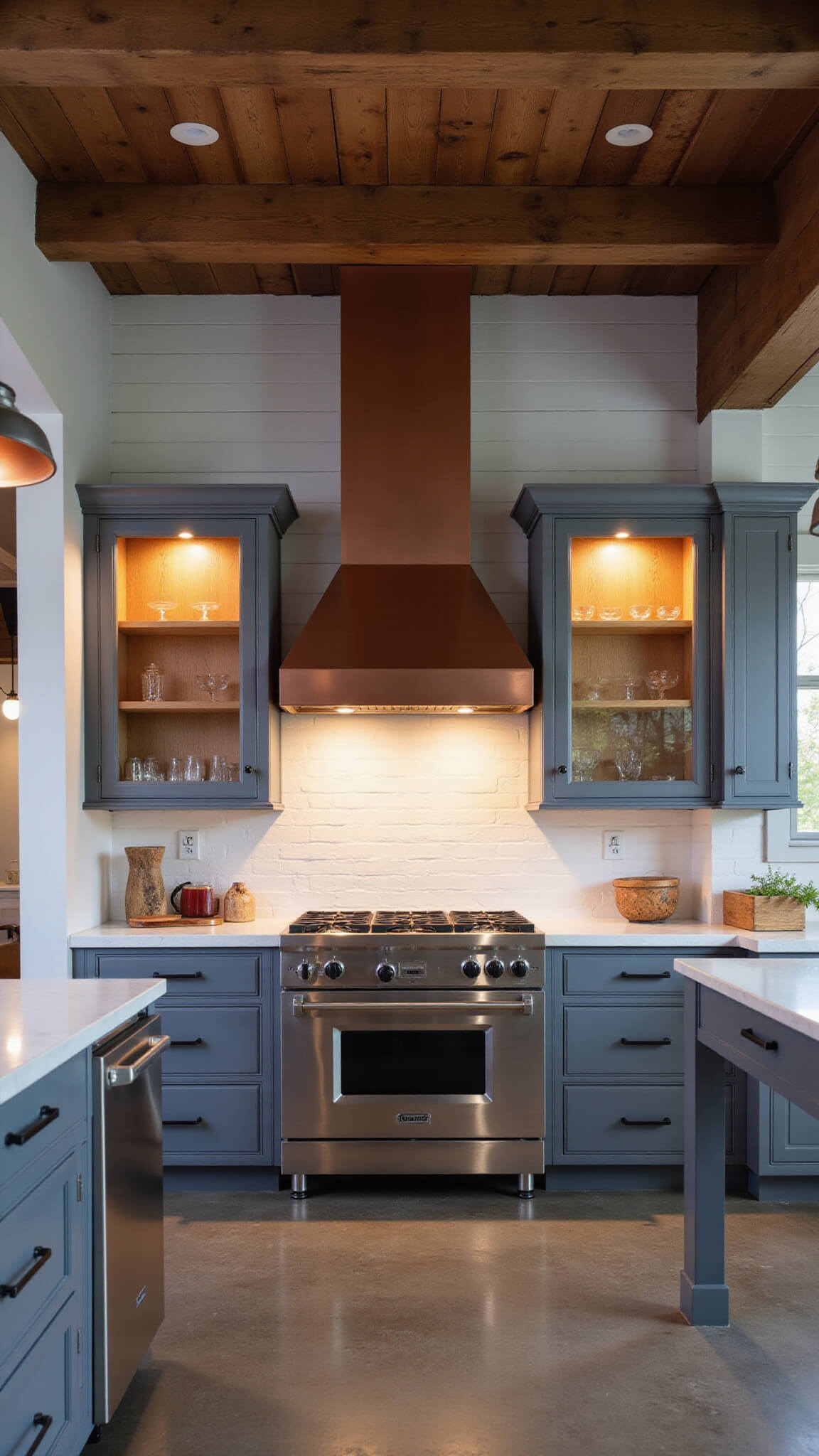 Industrial farmhouse kitchen at twilight with stainless appliances, copper range hood, exposed beams, and concrete floors.