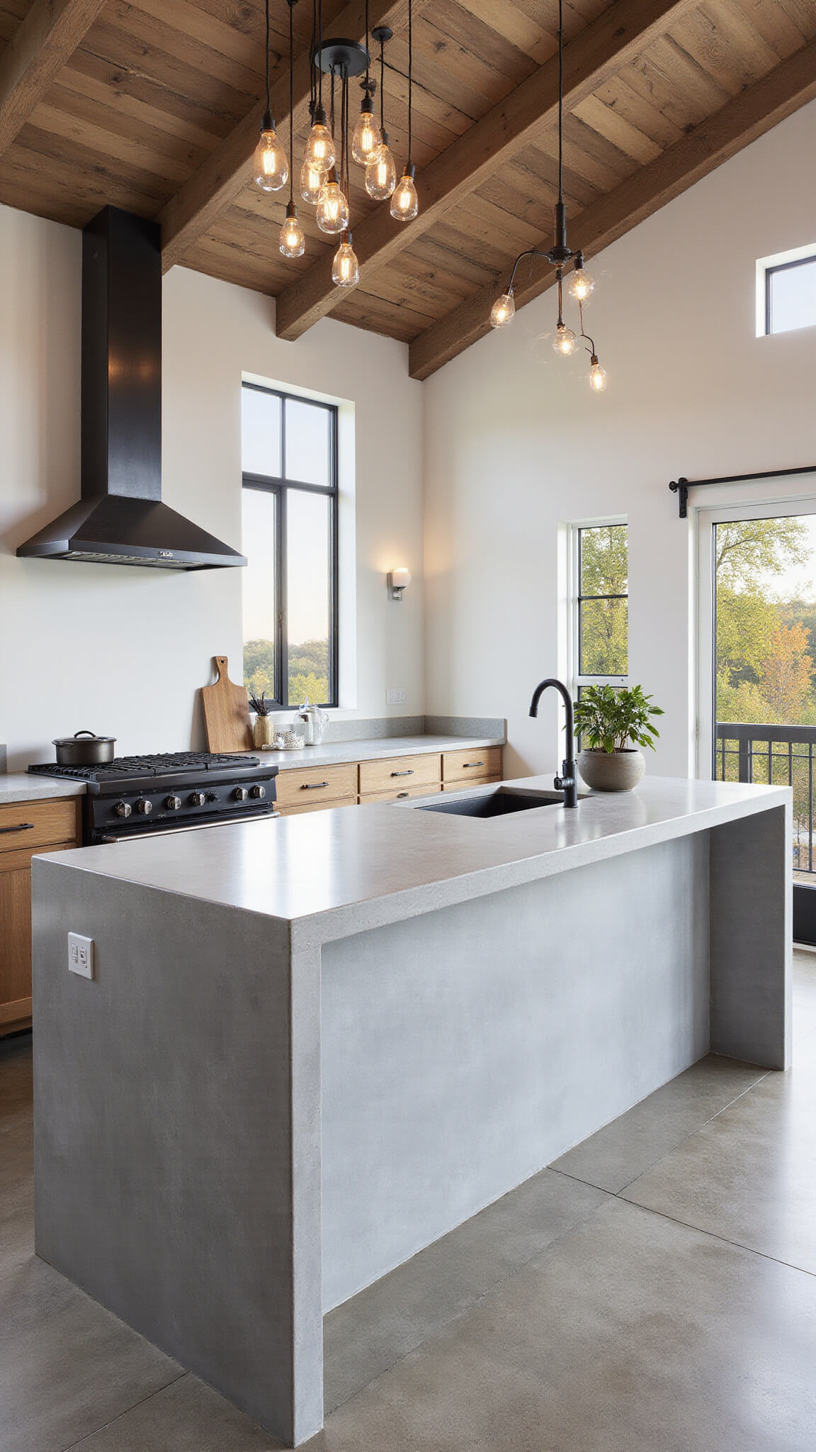 Modern industrial farmhouse kitchen with concrete island, reclaimed wood cabinets, and floor-to-ceiling steel windows at sunrise.