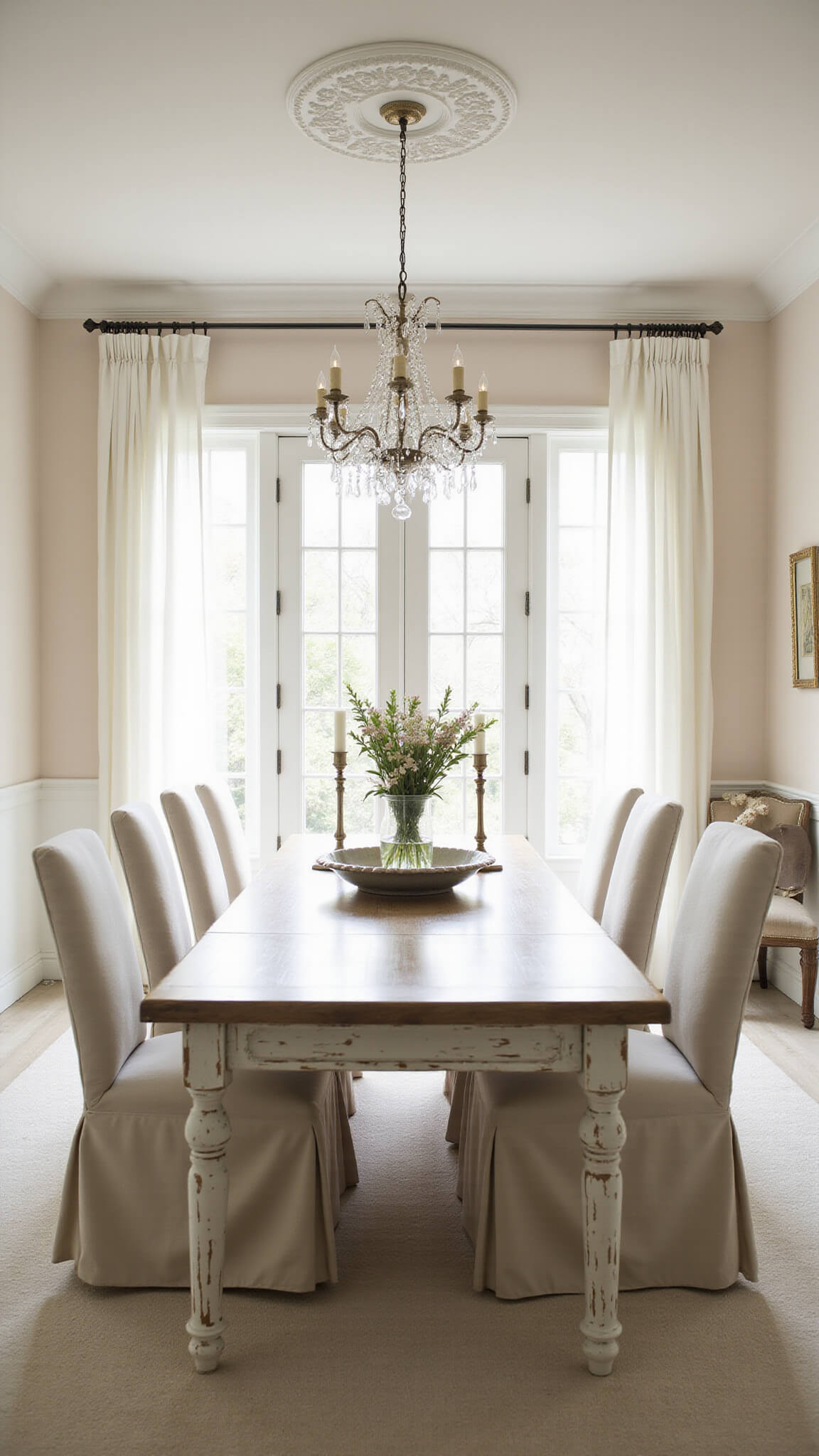 Sunlit farmhouse dining room with ivory slipcovered chairs around a distressed white table, blush walls, crown molding, crystal chandelier, and French doors.