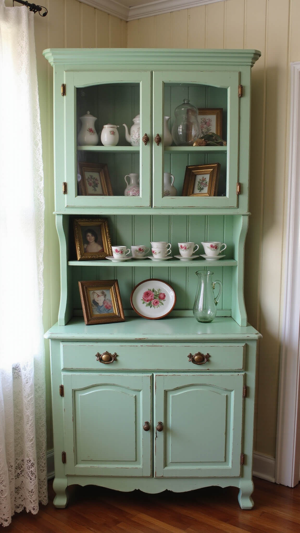 Vintage mint-green hutch with milk glass vases, rose-patterned teacups, and weathered frames in soft afternoon light.