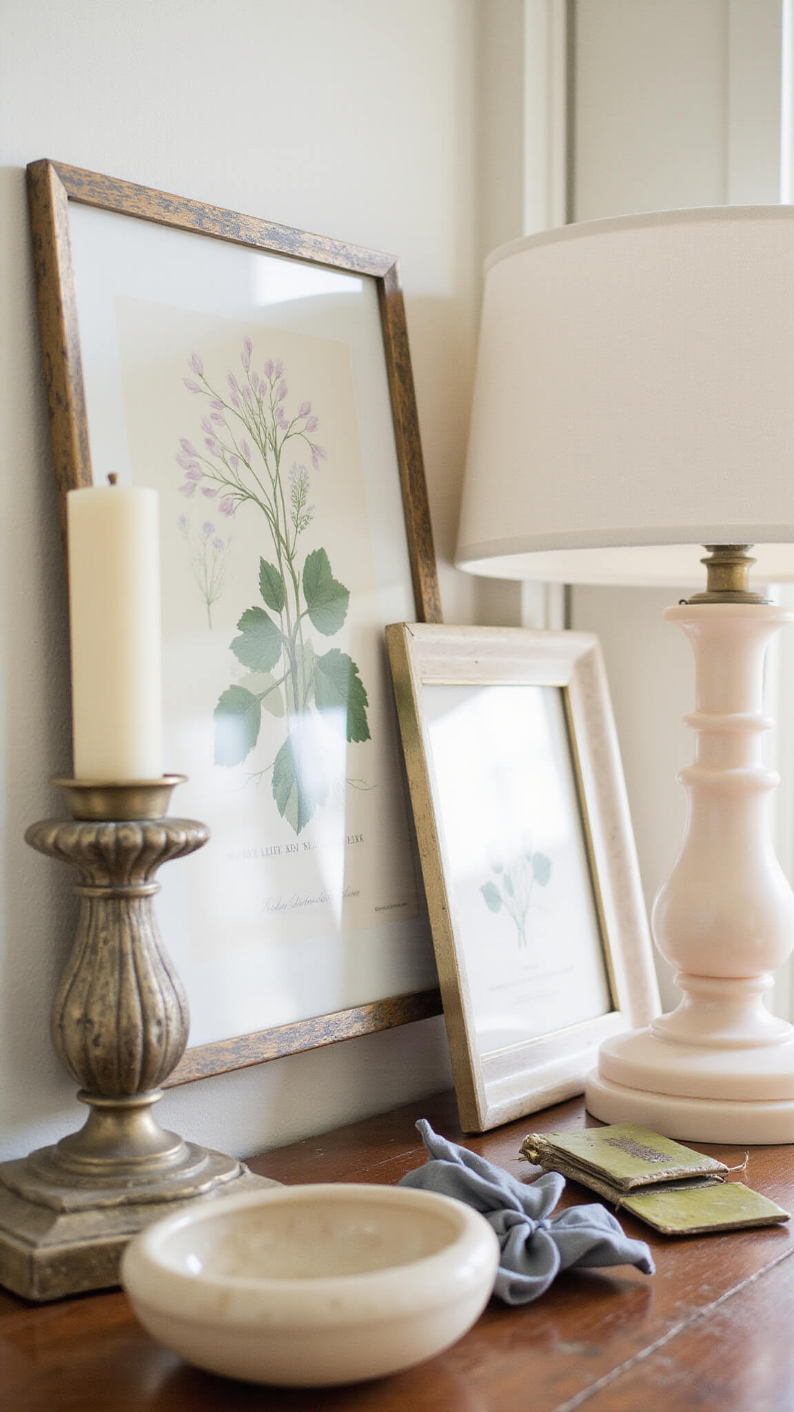 Close-up of a vintage-style buffet with botanical prints, alabaster lamps, and aged brass decor in soft afternoon light with dreamy bokeh.