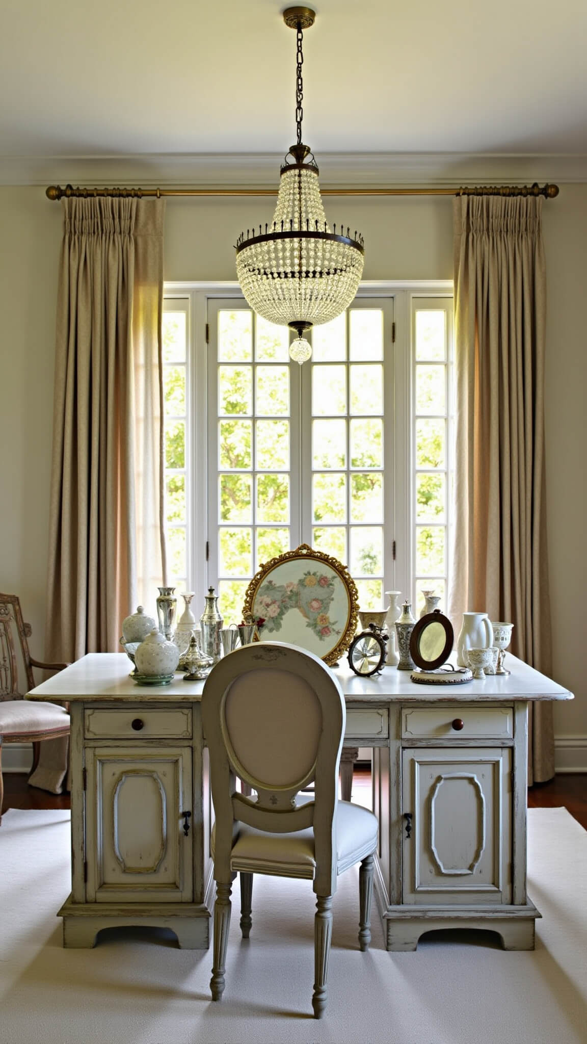 Golden hour light filters through linen curtains into a textured dining room with antique French doors, a dove-gray sideboard adorned with vintage mirrors and milk glass, and a crystal chandelier casting reflections.