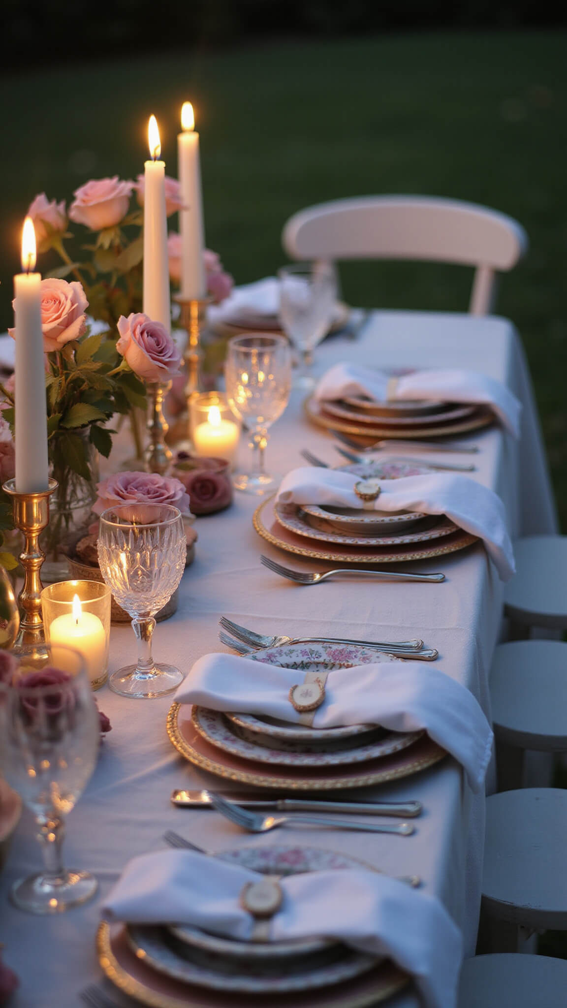 Shabby chic evening dining table with candlelight, vintage china, crystal glasses, silver cutlery, and scattered blooming roses at dusk.