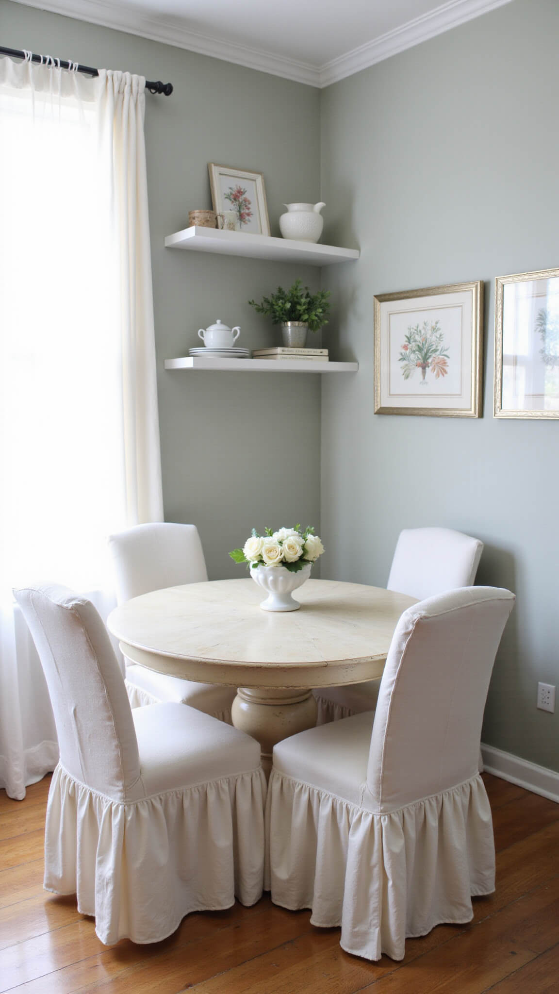 Cozy corner breakfast nook with round cream pedestal table, ruffled slipcovered chairs, floating shelves with ironstone pitchers and botanical prints, bathed in soft morning light.