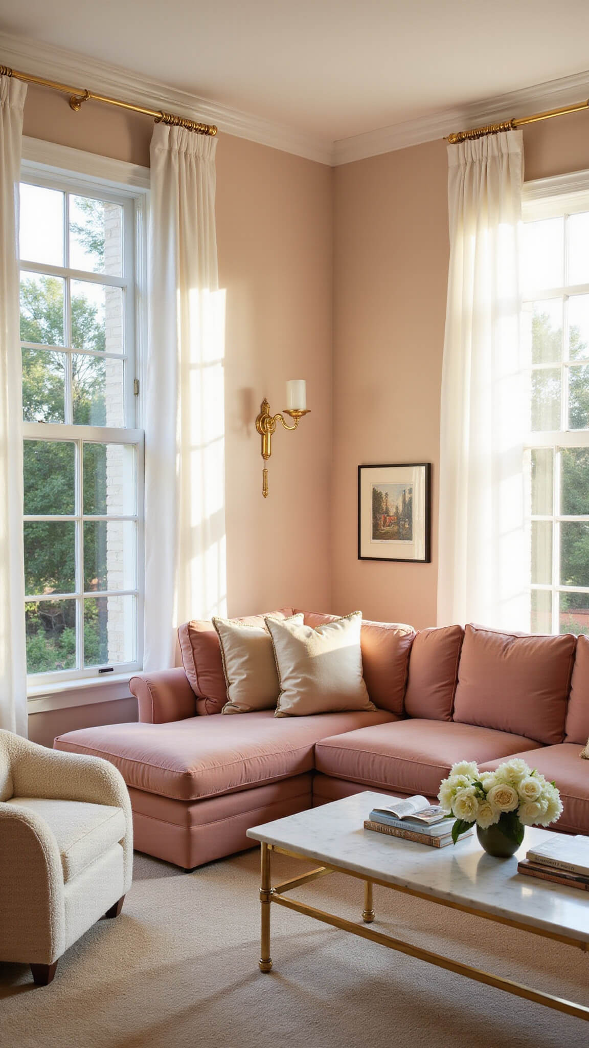 Blush pink living room bathed in golden hour light with velvet sectional, brass and marble coffee table, and layered soft textures.