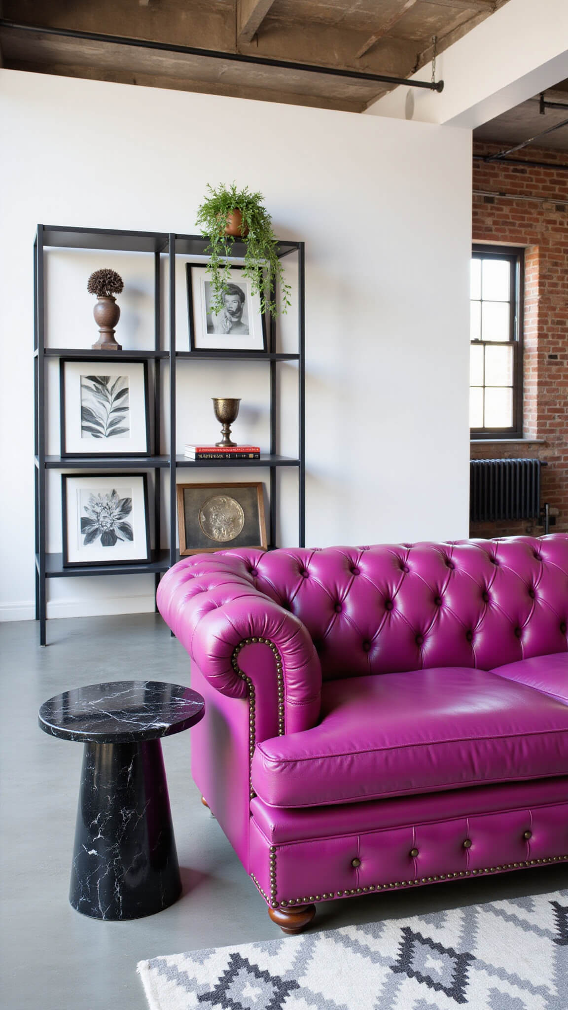 Contemporary living space with magenta Chesterfield sofa, concrete floors, and exposed brick, accented by black metal shelving and geometric rug.