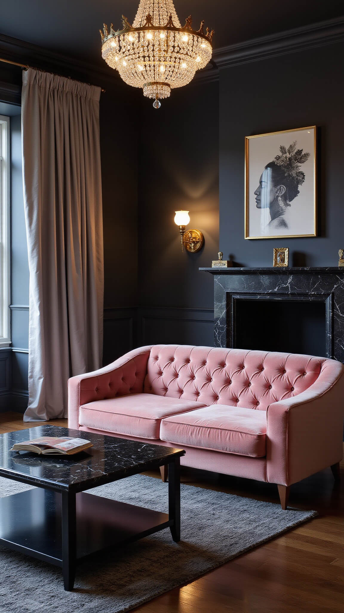 Luxurious pink velvet living room with tufted sofa, black marble fireplace, and crystal chandelier in moody blue hour lighting.