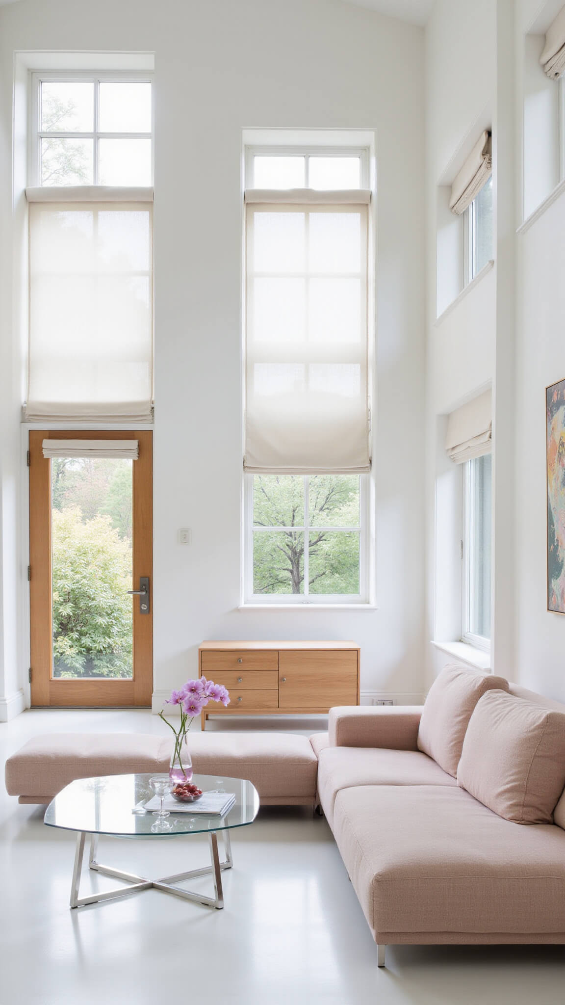 Minimalist blush-toned living space with pale blush sectional, white epoxy floors, Scandinavian oak furniture, and floor-to-ceiling windows filtering soft morning light.