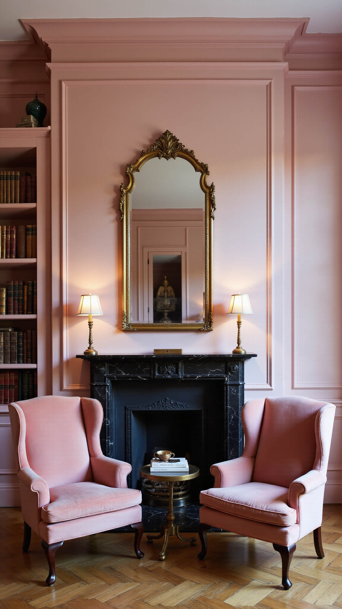 Sophisticated pink-toned study with wing chairs, brass étagère, black marble fireplace, and gilded mirror in warm dusk lighting.