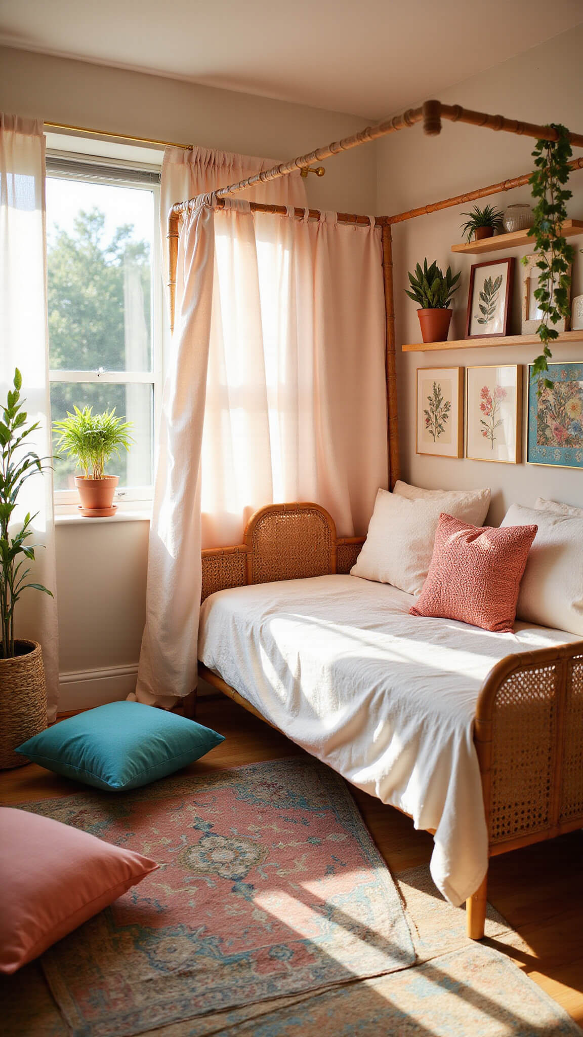 Sunlit kids' bedroom with rattan canopy bed, blush curtains, vintage rug, jewel-toned cushions, macrame art, and cascading plants viewed from a low angle.